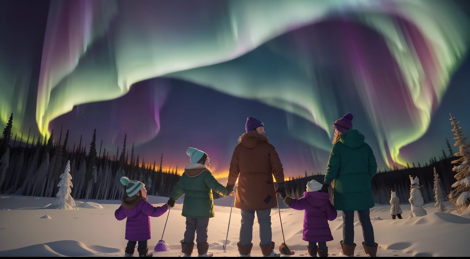 Mystical Northern Lights Viewing:
Witness The Bucket List Family's wonder as they witness the Northern Lights. Garrett, in winter attire with a beanie and mittens, stands with Jess and their children under the Arctic sky. Their breath mingles with the frosty air, and the mesmerizing aurora borealis paints the night sky with hues of green and purple.
