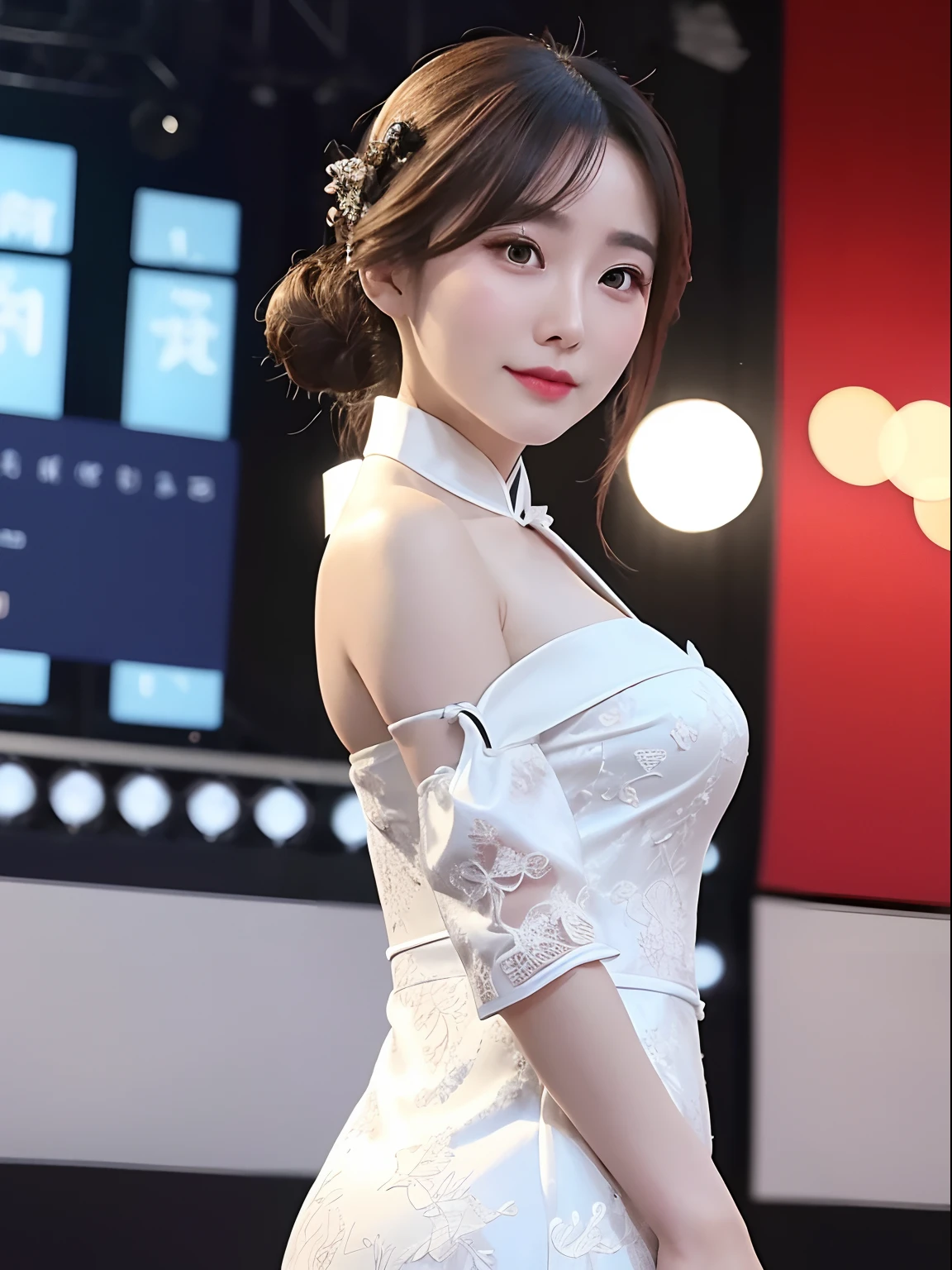 high qulity,tmasterpiece,High- sharpness,A woman who is,Delicate face,Off-the-shoulder cheongsam,stocklings,stage,The background is blurred out,Central symmetry