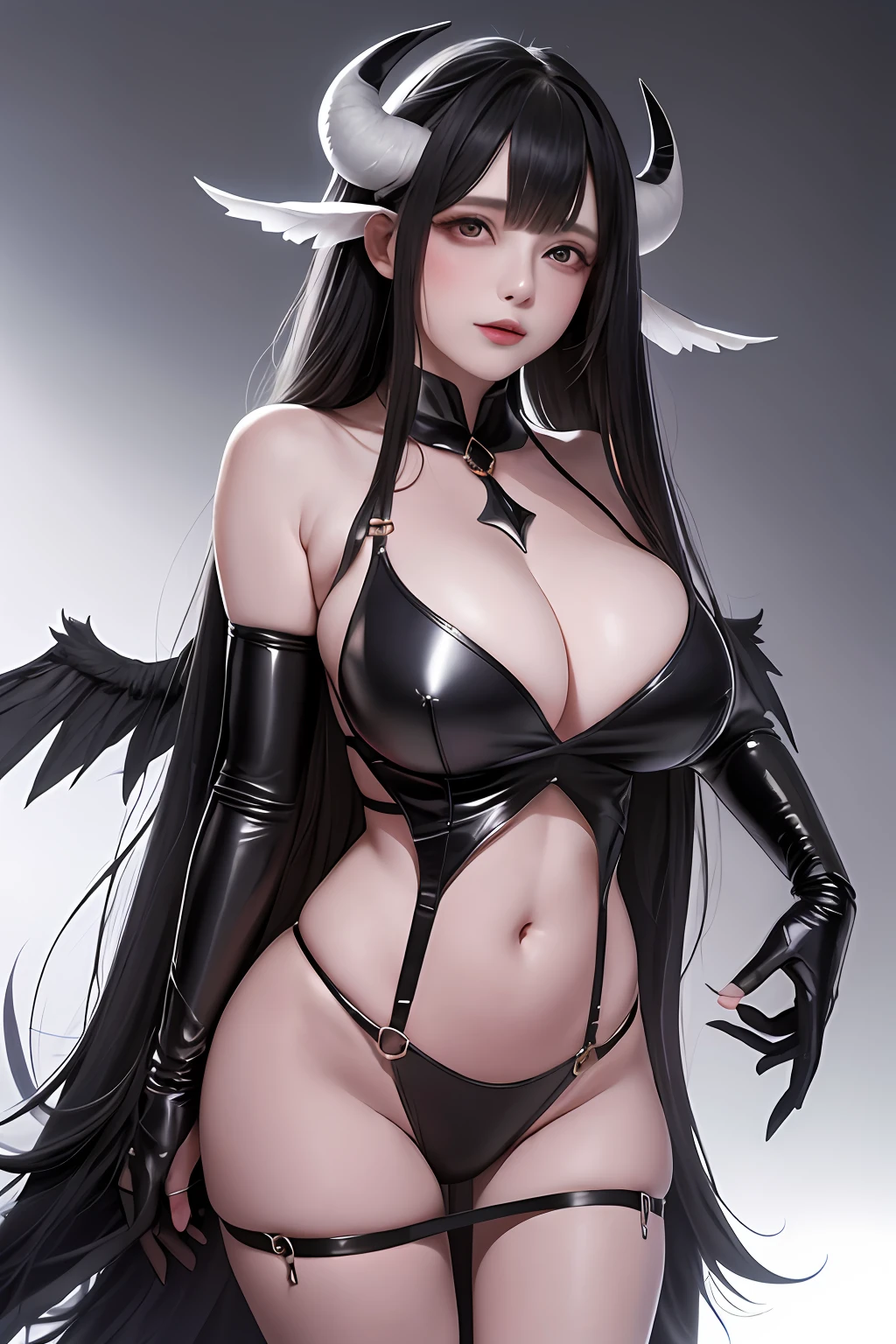 1girl, breasts, solo, horns, long hair, albedo (overlord), wings, large breasts, dress, hip vent, black wings, white gloves, gloves, looking at viewer, black hair, white dress, bare shoulders, hair between eyes, yellow eyes, feathered wings, demon horns, smile, feathers, demon girl, cleavage, slit pupils, detached collar, bangs, very long hair, closed mouth, black feathers, cowboy shot, covered navel, elbow gloves, white horns, standing, demon wings ,ultra high res, (photorealistic:1.4), raw photo,16K,dramatic lighting,