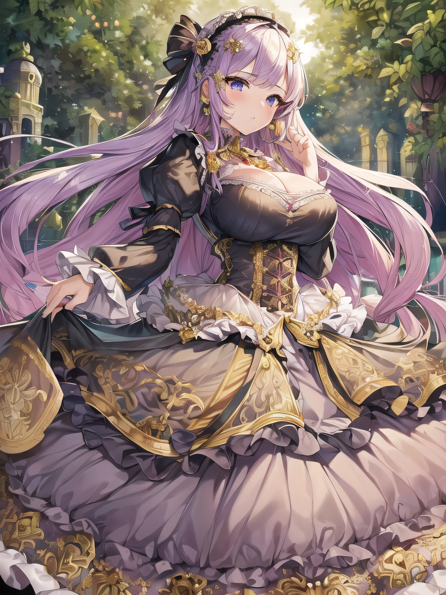 ((anime artstyle)),(Masterpiece),(Best Quality), (Super Detail),((Very Delicate and Beautiful)),(((Solo))),((full body)),(((1 glamour princess in fancy lolita dress with voluminous full length hoop skirt))),((standing in garden)),Long train,(bling-bling gorgeous gemstone jewelry),detailed face and eyes,jewel-like eyes,cry,((large amount of straight hair,extremely voluminous Very Long Straight Hair)),((gigantic tits,Long tits)),cleavage,(gorgeousfull embroidery and lace),gorgeous corsage,See-through,((extremely gorgeousfull lolita hair ornament)),bling-bling extremely gorgeousfull jeweled tiara,ornate ruffles,beautiful embroidery,(hoop skirt,crinoline),flowers, flower petals flowing,((Dynamic Angle)),Looking at viewer,((full body)),sweet lolita dress with voluminous full length hoop skirt