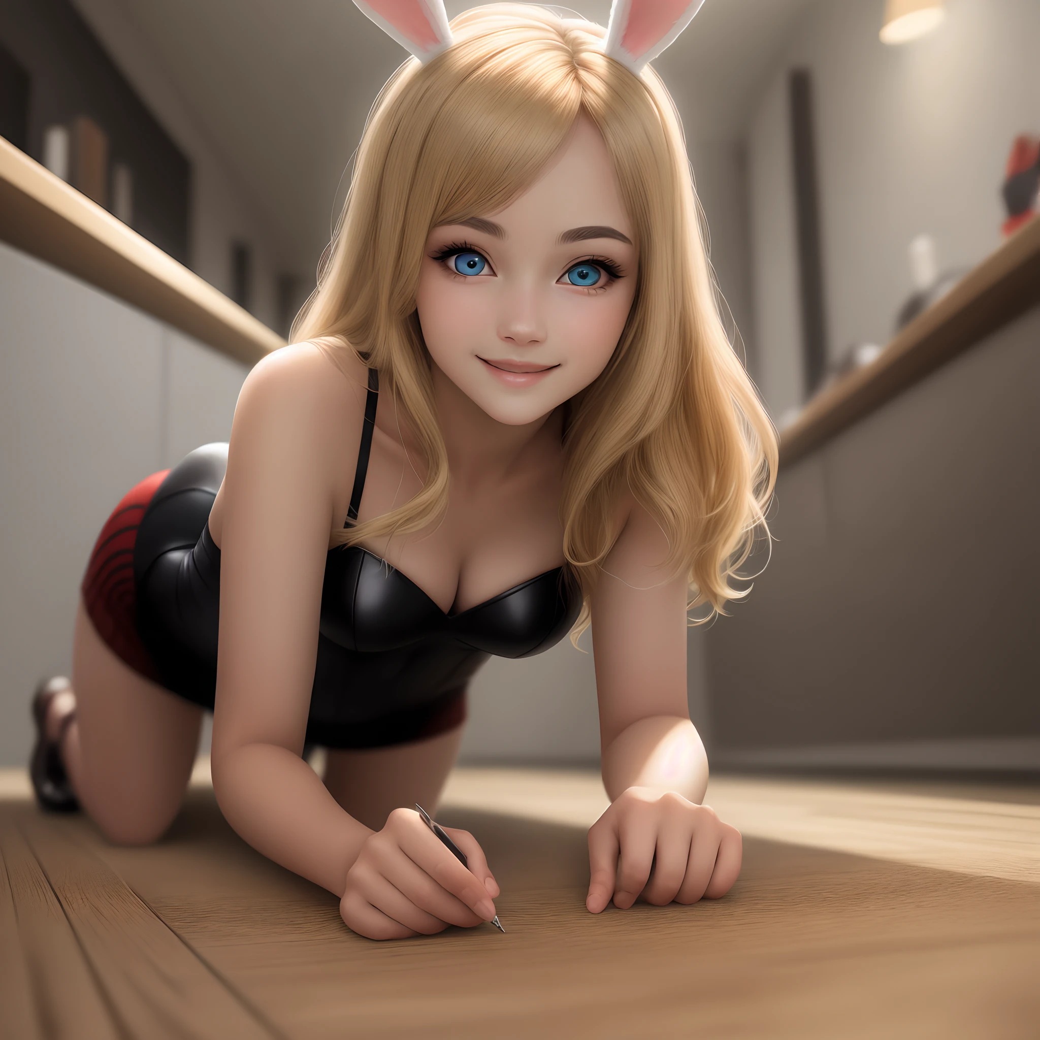 (RAW photos:1.2),high high quality,Beautiful Meticulous Girl,Bunny Girl,ssmile,The blonde,Double tail,Highly detailed eyes and face,nakeness,nakeness,beatiful detailed eyes,A high resolution,4k wallpaper,finely detailled,light in face,cinmatic lighting,16yo girl,sexyposture,(photo-realism:1.4),illustratio,from below, super detailing, tmasterpiece, a playboy bunny, on the floor on all fours