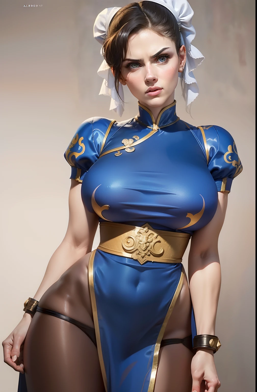 alexandra daddario as Chun-Li from street fighter, High definition, Photo, perfect body,detailed, full body view,specified,Avant - Garde, High definition, Photo detailed, micro realism, hyper realstic, full body stand view.