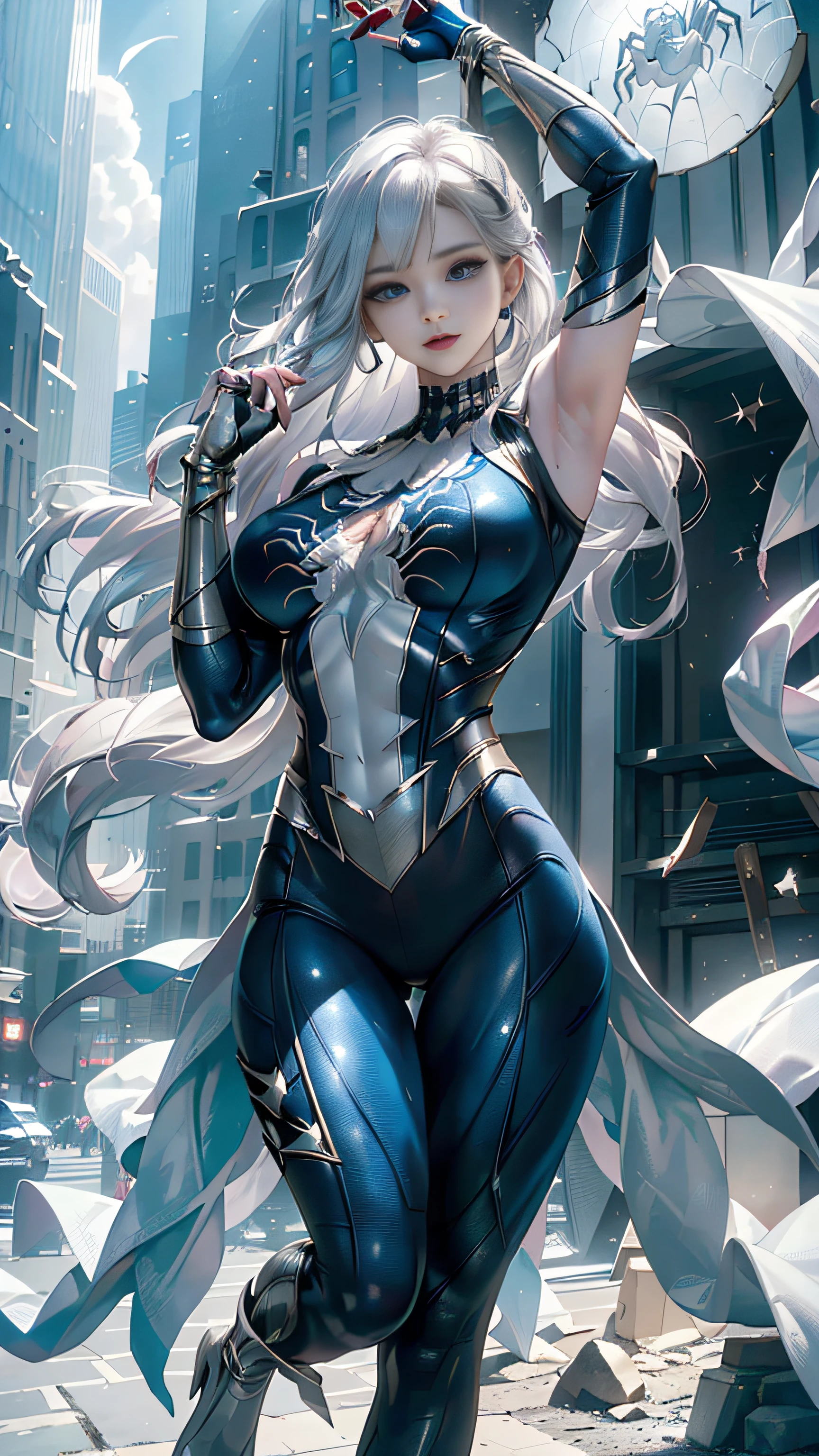 Super beautiful shining eyes、(​masterpiece、4K resolution、A hyper-realistic、ighly detailed)、(White Superhero Theme、Charisma、There's a girl in a Spider-Man costume over town、She's a superhero)、 [((25-years old)、(Long grey hair:1.2)、full bodyesbian、(blue eyess:1.2)、((Spider-Man pose)、show of strength、Jump from one building to another)、((Sandy urban environment):0.8)|(A city scape、natta、Dinamic Light)、(fullmoon)]#illustrate:Prompts are mainly ultra high definition、very real、Describes highly detailed 4K paintings。A superheroine in a Spider-Man costume is depicted at the top of the city。The theme of the picture is white superhero theme、The female protagonist has long white hair and、At the age of 17、Her whole body is shown in the painting。In terms of depicting the actions of superheroines、Spiders are employed