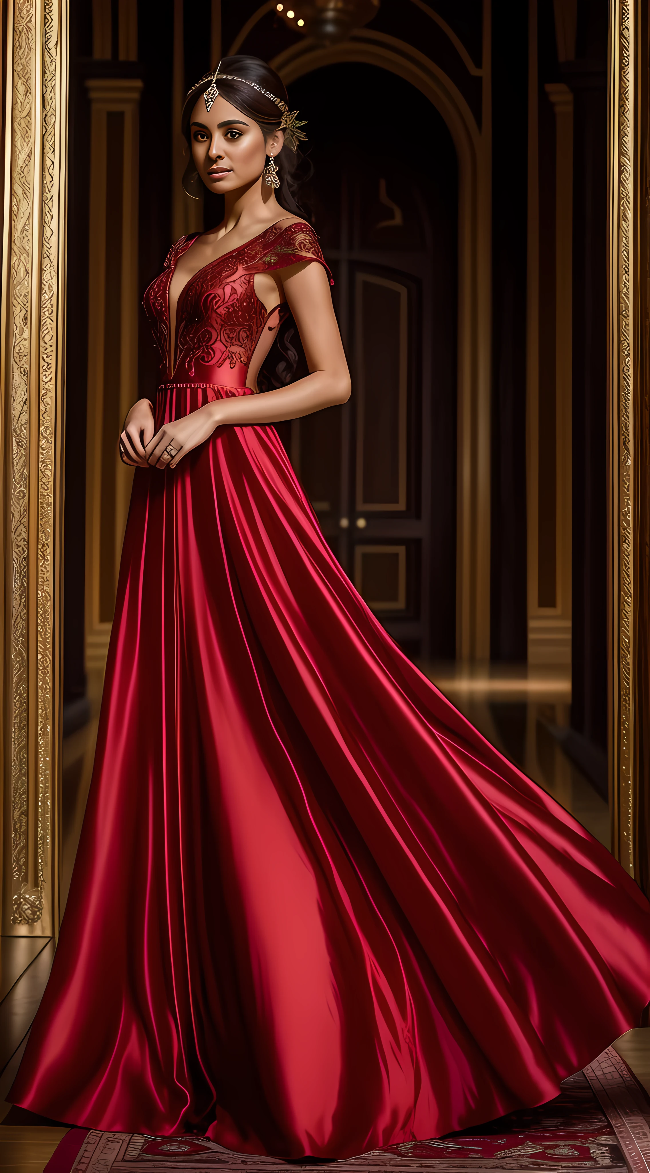 The woman is dressed in an enchanting and flowing red gown that mirrors the elegance of elven attire. The dress cascades gracefully, catching the breeze with a gentle sway, reminiscent of the ethereal beauty associated with elven fashion. The gown's intricate design is adorned with delicate golden and metallic accents that catch the light, exuding an aura of sophistication and allure. The overall effect is a captivating and exquisite dress that complements her presence with a touch of magical charm.
