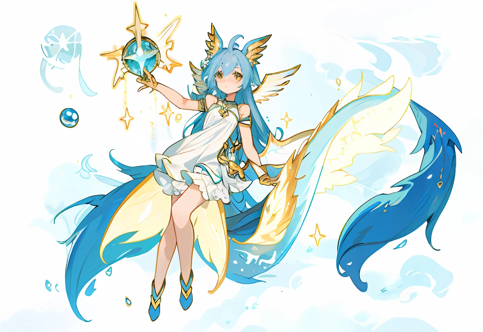 Anime girl with blue hair and pale yellow dress standing in water holding white object, Deep sea background,the elf,Angel wings,Golden eyes,Dragon's horn,demihuman, half fish,Fishtail,full body adoptable, long haired humanoid fursona, White-haired god, rimuru tempest, sky witch, Anime monster girl, character adoptable, anime girl with cosmic hair, astral fairy, furaffinity fursona, shirabii, astral ethereal, mizutsune, female fursona,fish flocks