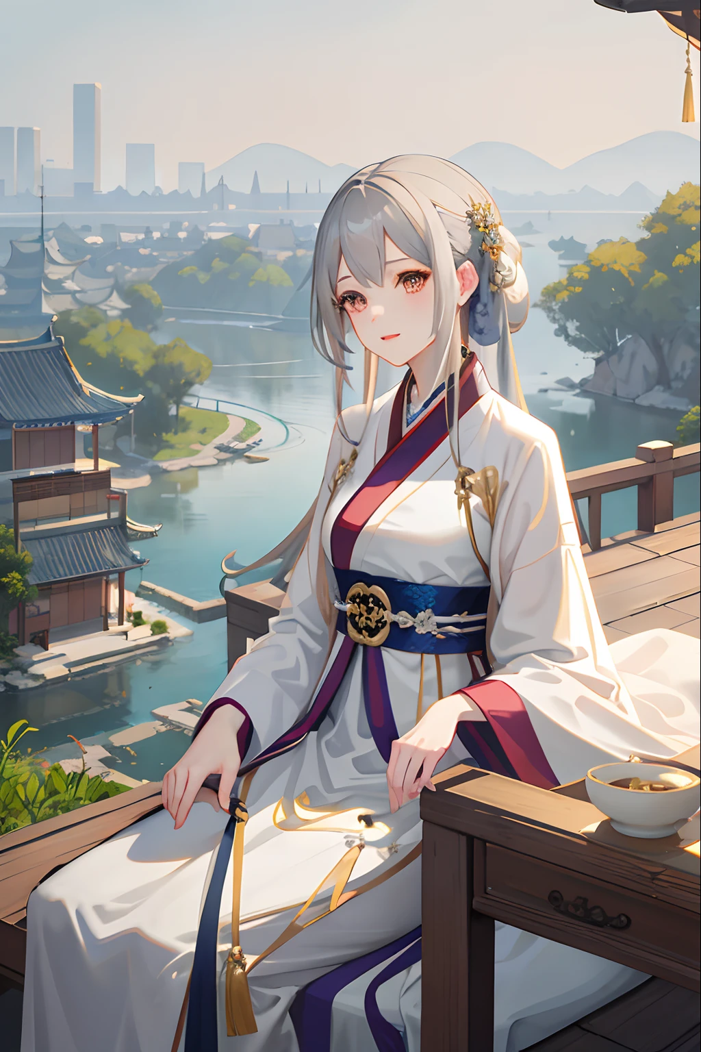 gray-haired girl，Hanfu，Gold eyes，medium boob，white  clothes，palaces，outside，Nice view，pond side，Fine hands