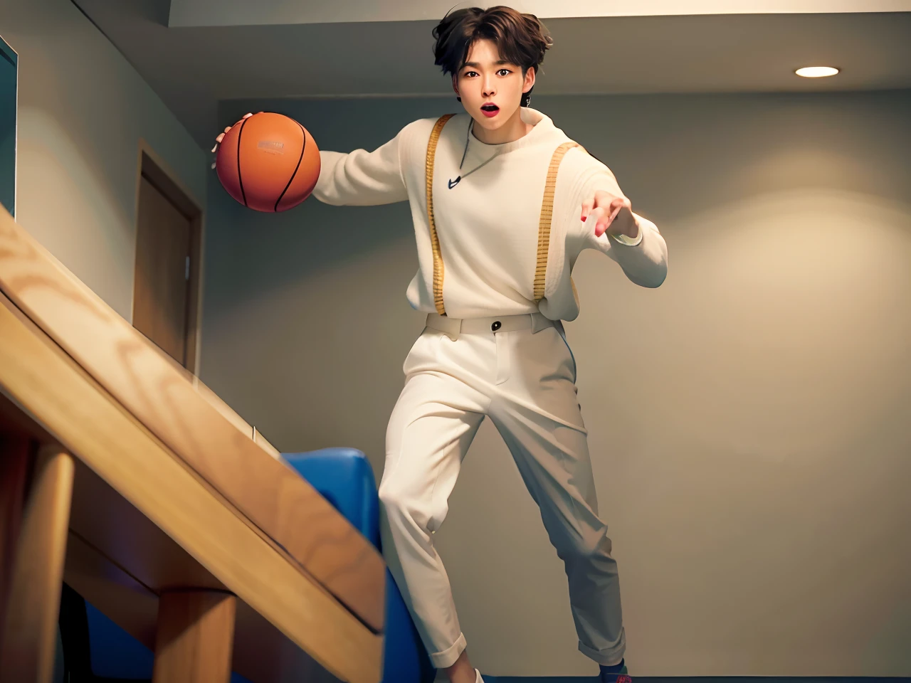 Close-up of a man holding a basketball in a room, he is dancing, look like someone is dancing, Cai Xukun, he is floundering, Perfect dynamic pose, trending dribble, dancing in the background, in an action pose, happy wise. he has bouncy belly, he has short curly brown hair, dribbble, distorted pose