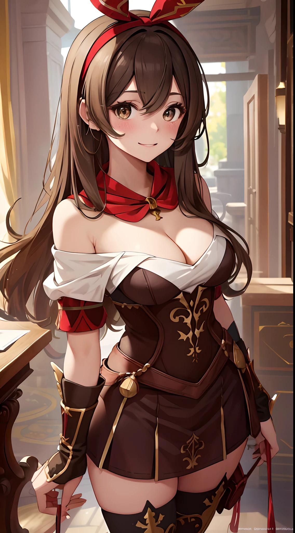 (primitive, Best quality, tmasterpiece:1.5), (photograph realistic, Intricate details:1.2), 超高分辨率, absurderes, 1girll, Beautiful face, Detailed eyes,light in face, mini-skirts，Silk scarf、Black tights，ssmile，cleavage，（red bow hairband)，long whitr hair，（Brown eyeballs：1.5)，brown  hair，（Off-the-shoulder attire：1.5），Sexual suggestiveness、middlebreast、Big breasts Thin waist、slender leg，Long legs，perfect body figure，perfectly proportions，looking at viewert，（office room，inside in room，Ultra-detailed background：1.2），ssmile，shiny skins, True skin texture, natural  lightting, best illuminate, Background of details