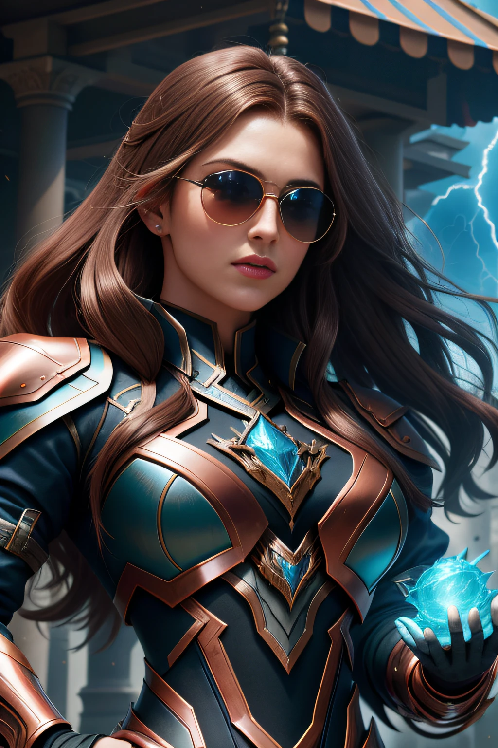 Elastic photos [Siren|sorceress woman] , Thunderball, An armored woman wearing sunglasses,salama ,wearing edgThunderstruck_Armor, electrified, weilding thunder, Perfect face, Pretty face, Brown eyes, copper-haired, Big hair, Flat chest, lush detailing, absurderes,