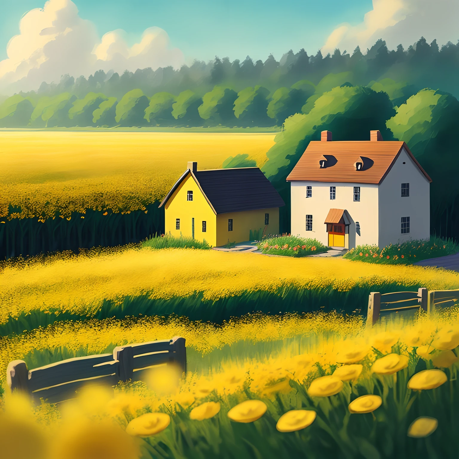 Create a countryside view near the river, warm sunshine, yellow small flower field, small houses from far away, some wooden fences, two bug tree near the side, 2D illustration for children book