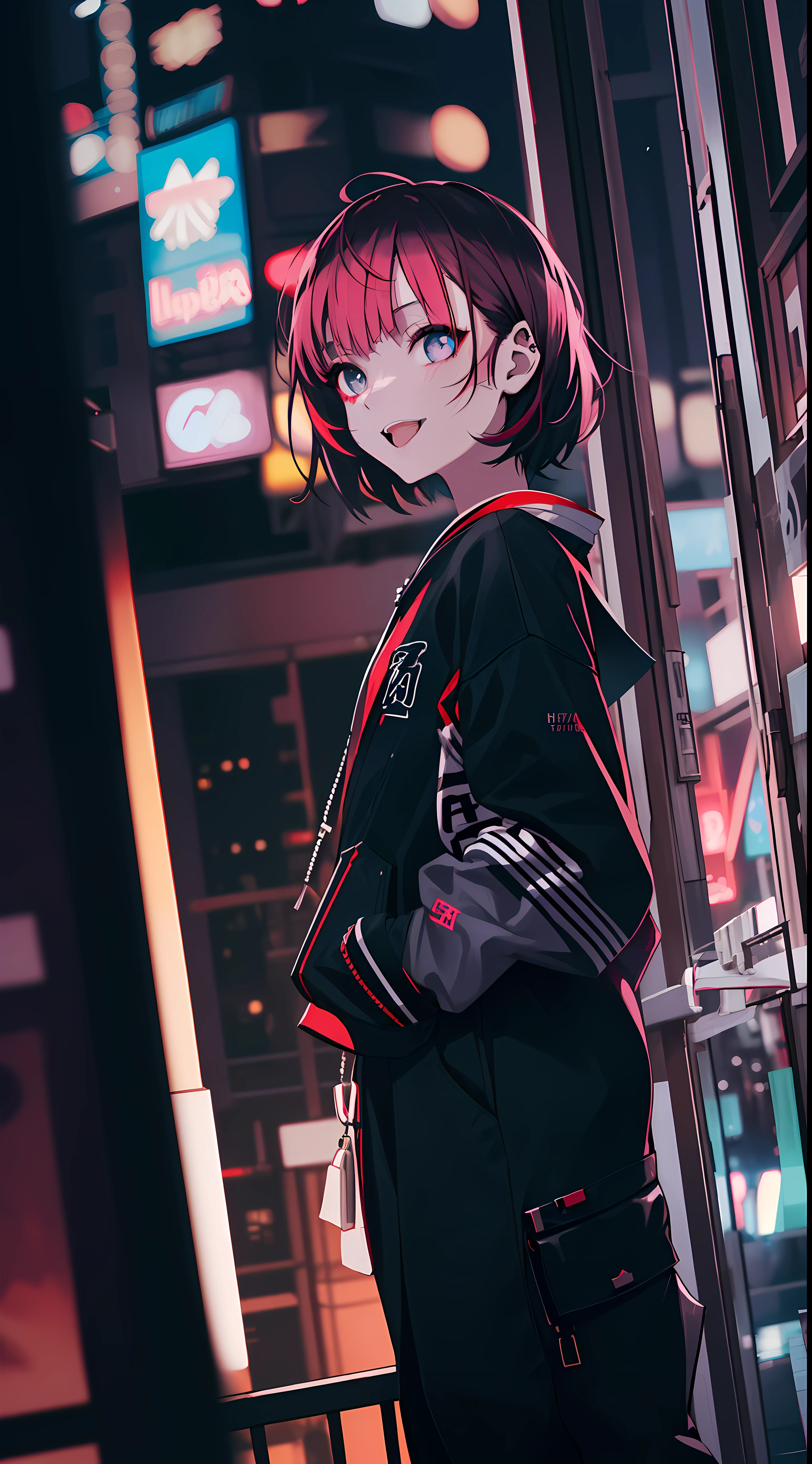 photoshoot girl at japan rooftop apartment during night, wear stylish, edgy and hypebeast outfit, with a warm expression on her face, full body photoshoot, hand in the pocket, wolfcut short hair