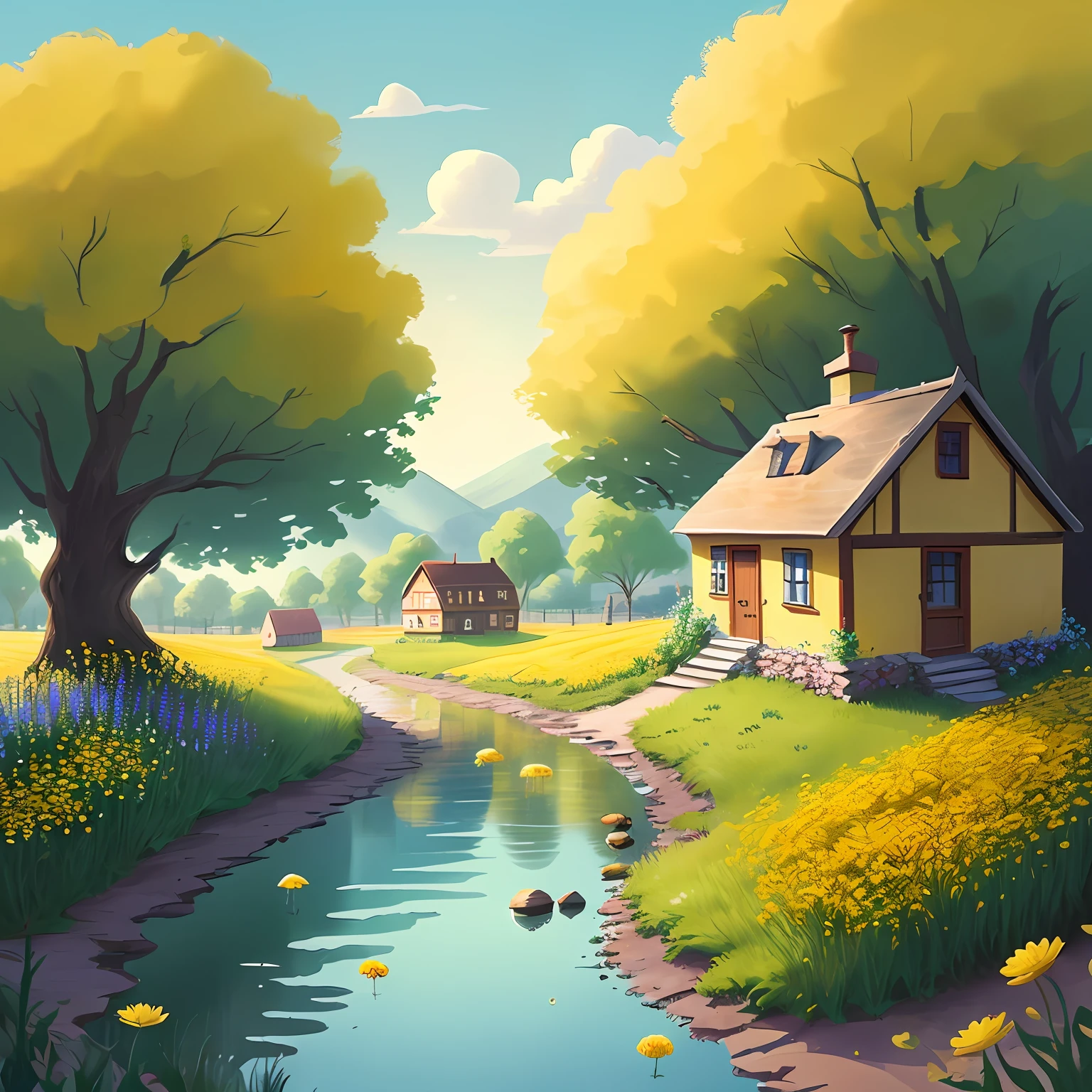 Create a countryside view near the river, warm sunshine, yellow small flower field, small houses from far away, some wooden fences, two bug tree near the side, 2D illustration for children book