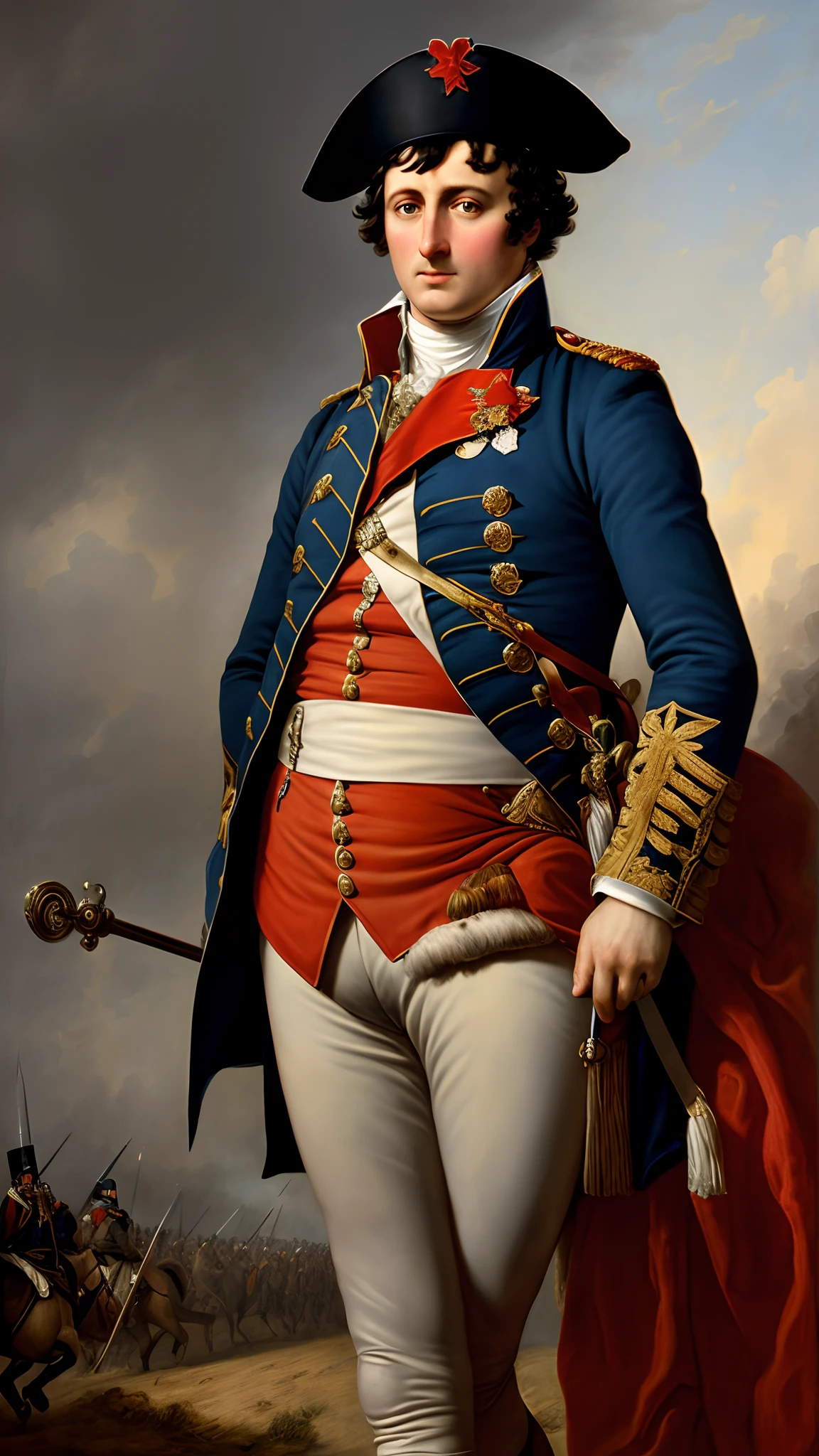 Photorealism of Napoleon Bonaparte in Army uniform posing to the camera, background was the Battle of Waterloo, intense battle, elegent pose, charismatic, hyper realistic