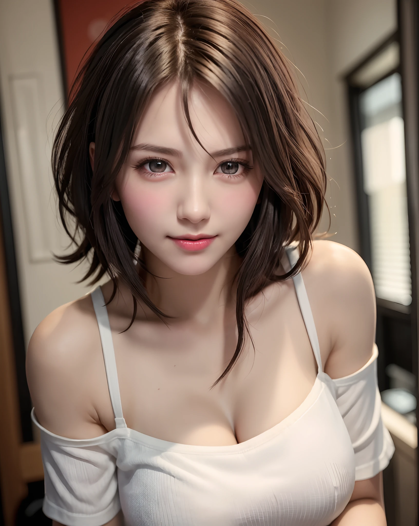 Best Quality, Ultra High Resolution, (Photorealistic: 1.4), Beautiful Eyes, Super Beautiful, Very Short Hair, Beautiful, Sweetheart, T-shirt with Rough Chest, Beautiful Soldier, Eyes That Invite Viewer, Lover's Perspective, Inviting Expression, Sexy Smile, Perfect Style, Perfect Balance, Detailed Skin, Naughty Gaze, Chest Visible