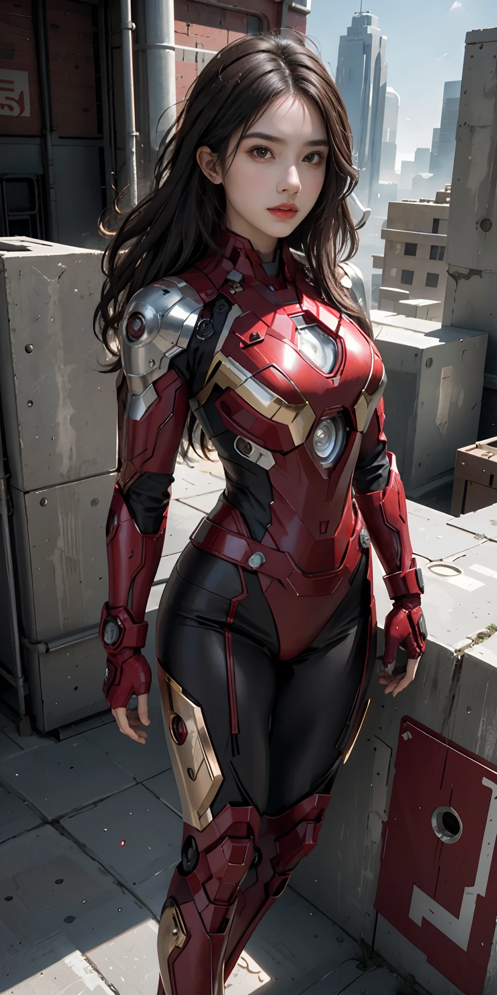 (1girl:1.3), solo,__body-parts__, official art, unity 8k wallpaper, ultra detailed, beautiful and aesthetic, beautiful, masterpiece, best quality, RAW, masterpiece, super fine photo,, best quality, super high Resolution, photorealistic, sunlight, full body portrait, stunningly beautiful,, dynamic pose, delicate face, vibrant eyes, (side view), she is wearing a futuristic Iron Man mech, red and gold, Highly detailed abandoned warehouse background, detailed face, detailed complex busy background, messy, gorgeous, milky, high detailed skin, realistic skin details, visible pores, sharp focus, volumetric fog, 8k uhd, dslr camera, High quality, film grain, fair skin, photorealism, lomography, sprawling metropolis in a futuristic dystopia, view from below, translucent