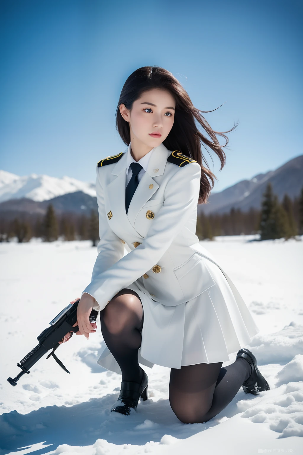 ((on one knee,Female soldier with rifle)),Wild snow,((Masterpiece:1.2, Best quality)),Movie,offcial art,promotional art,movie wallpapers,(A blonde girl is in ), (White suit dress,Double-breasted style,White pleated skirt hem),Uniform cover, Exposing thighs,185cm. Shot in the snow in cinematic style, The color temperature is cool,Slightly bluish tint, Convey a feeling of indifference and tension. The lighting is dramatic,There are harsh shadows and highlights, . Shot with a Sony A7R IV camera,The aperture is f/2.8, ISO 1600, a shutter speed of 1/200th of a second. UHD dtm HDR 8k.