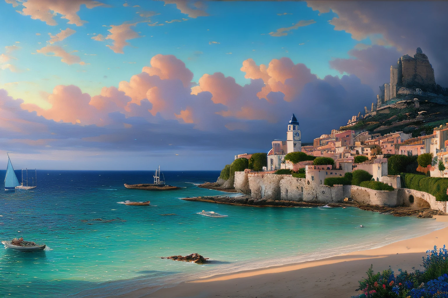 Paysage mer cristalline bleu profond,glycine, Eau cristalline, ciel azur lumineux, ,(Highly detailed CG Unit 8k wallpaper), The most beautiful work of art in the world, Professional majestic oil painting, complexe, High detail, mise au point nette, dramatique, Art of photorealist painting, Alma Tadema