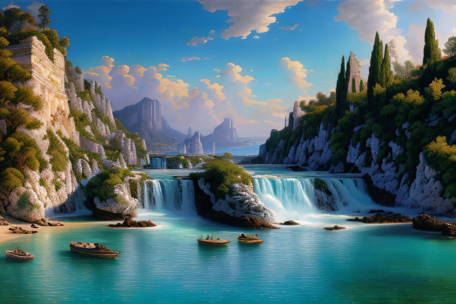 Paysage mer cristalline bleu profond,glycine, Eau cristalline, ciel azur lumineux, ,(Highly detailed CG Unit 8k wallpaper), The most beautiful work of art in the world, Professional majestic oil painting, complexe, High detail, mise au point nette, dramatique, Art of photorealist painting, Alma Tadema
