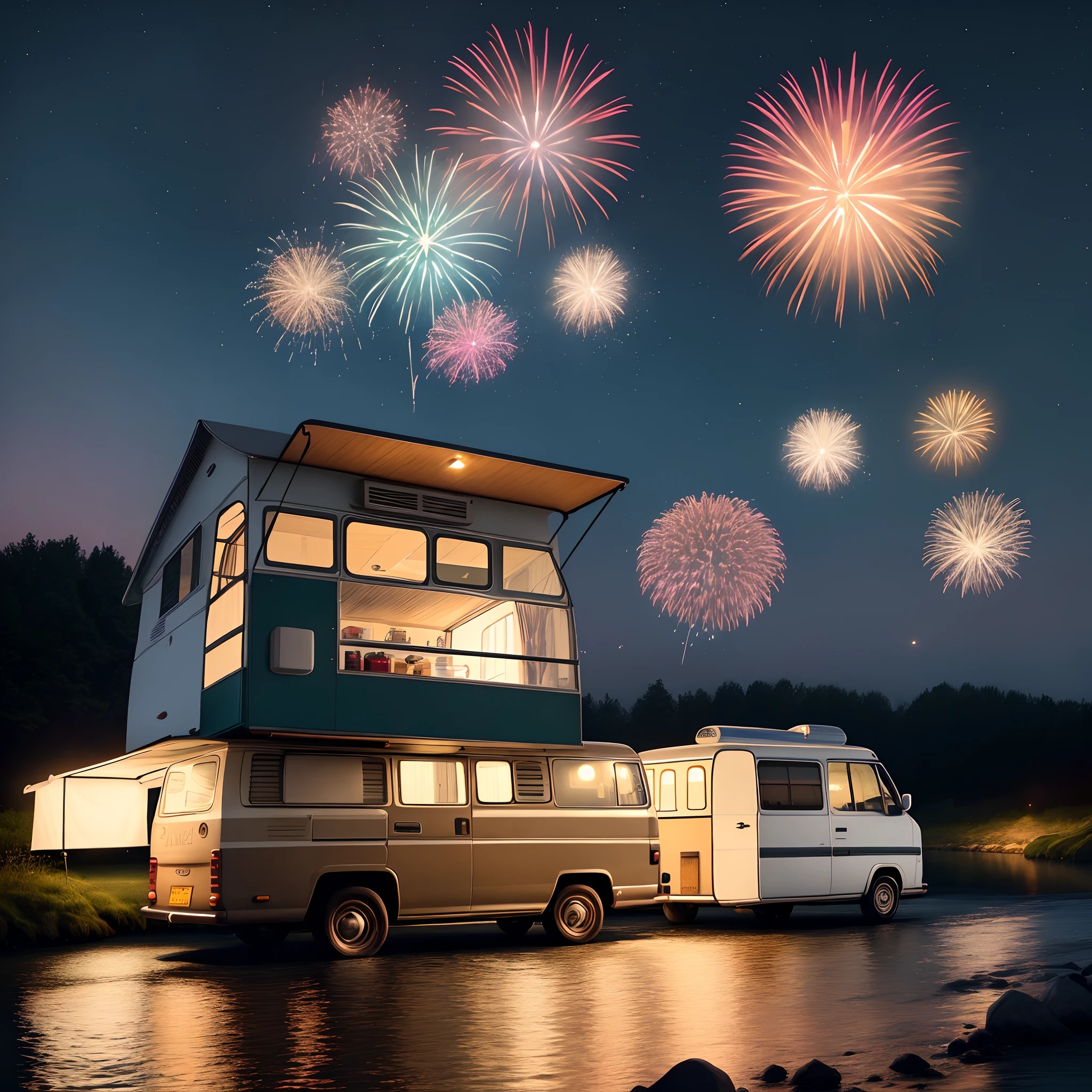 Please make me an image of camper Van beside a river with firework full above the sky night