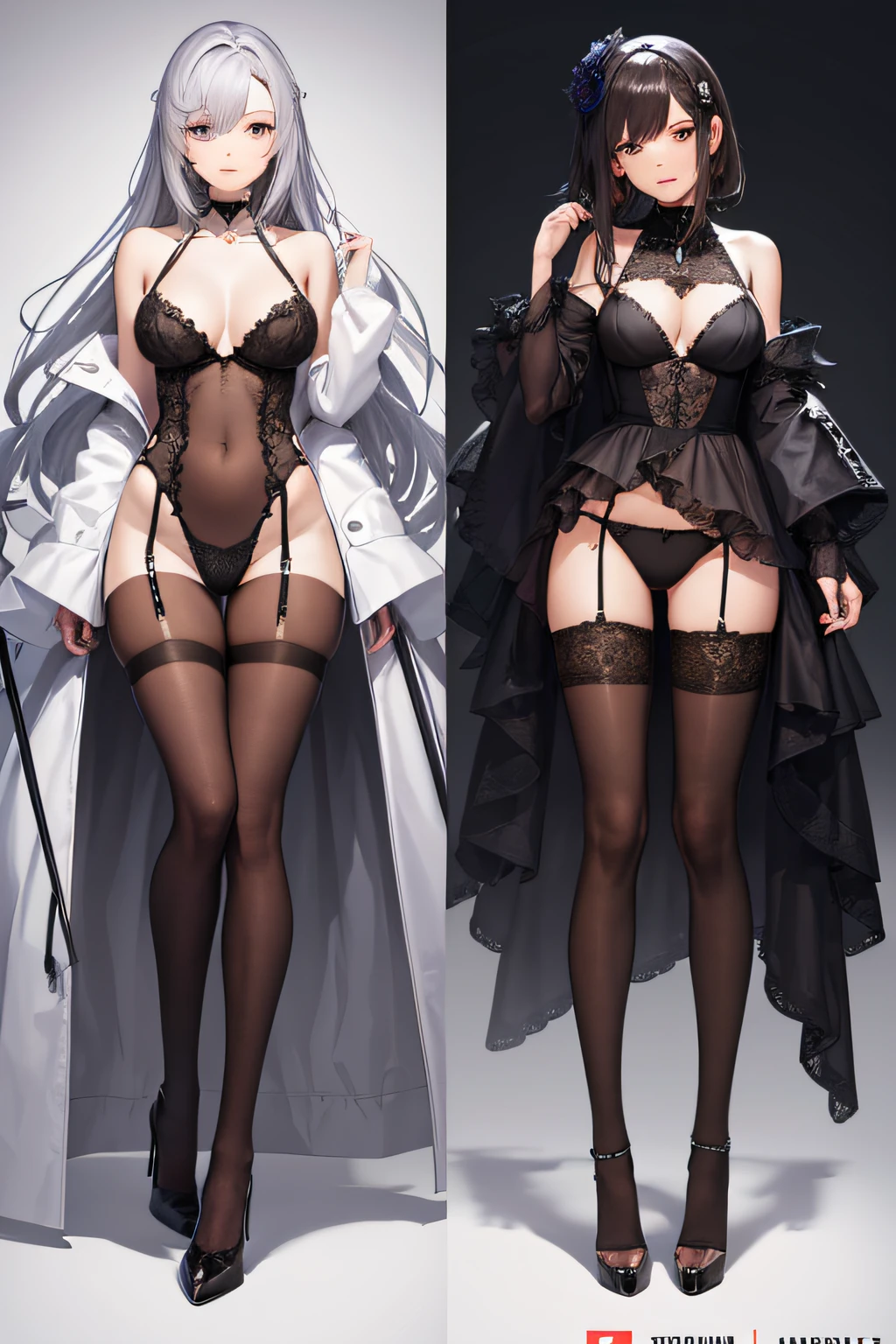 （best qualtiy：1.4）， （tmasterpiece：1.4）， （A high resolution：1.2）， （The is very detailed：1.2）， human body ratio， 1girll，Korean girls，（Each girl dresses differently in fashion：1.4），dynamicposes，Power unit: black silk, erotic lingerie, stockings, high heels --auto