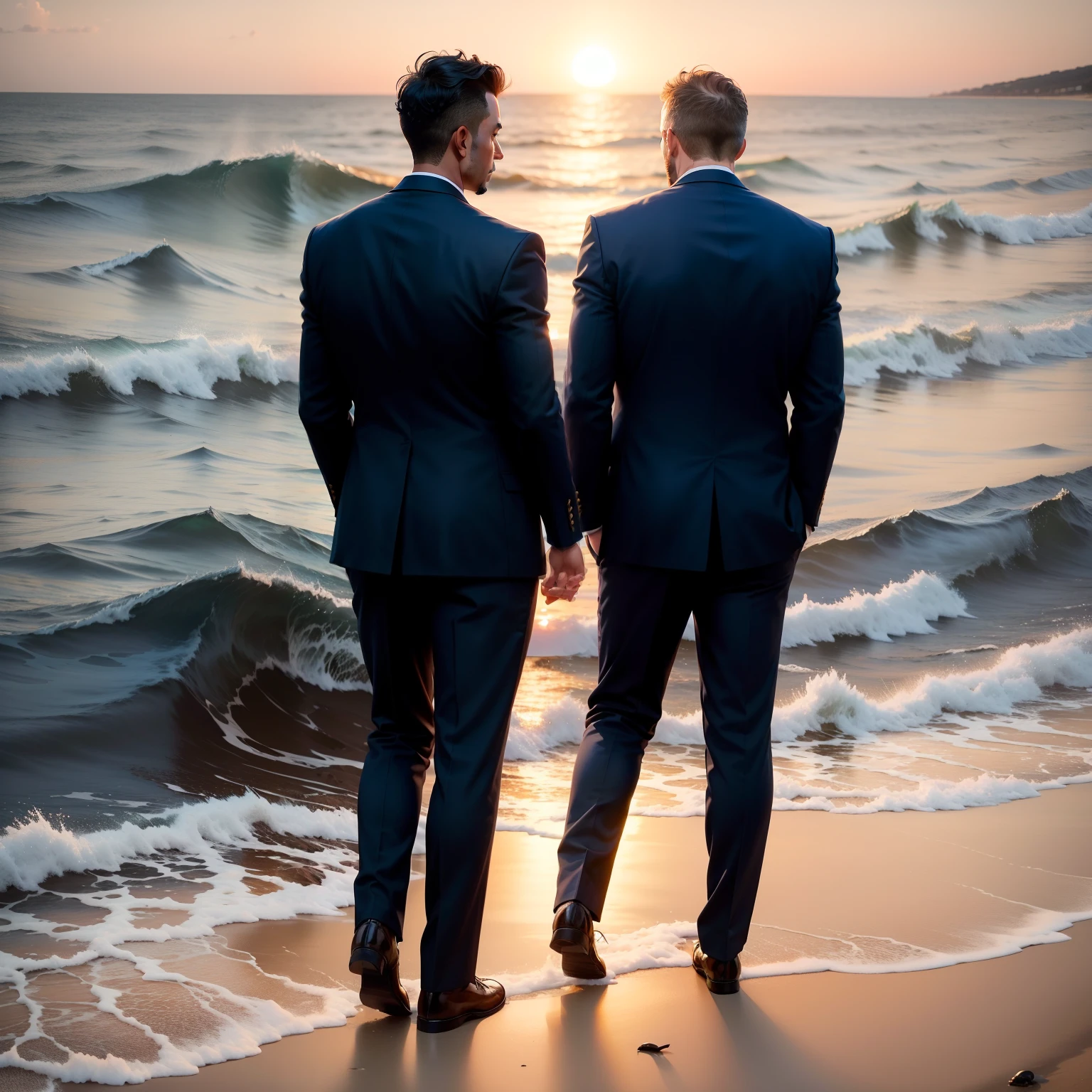an image with predominant colors navy blue and gold, a child and his father, the two on the coast, it is not possible to see the face, the father is in a suit, they look at the sea and the sunset, the two are on coast
