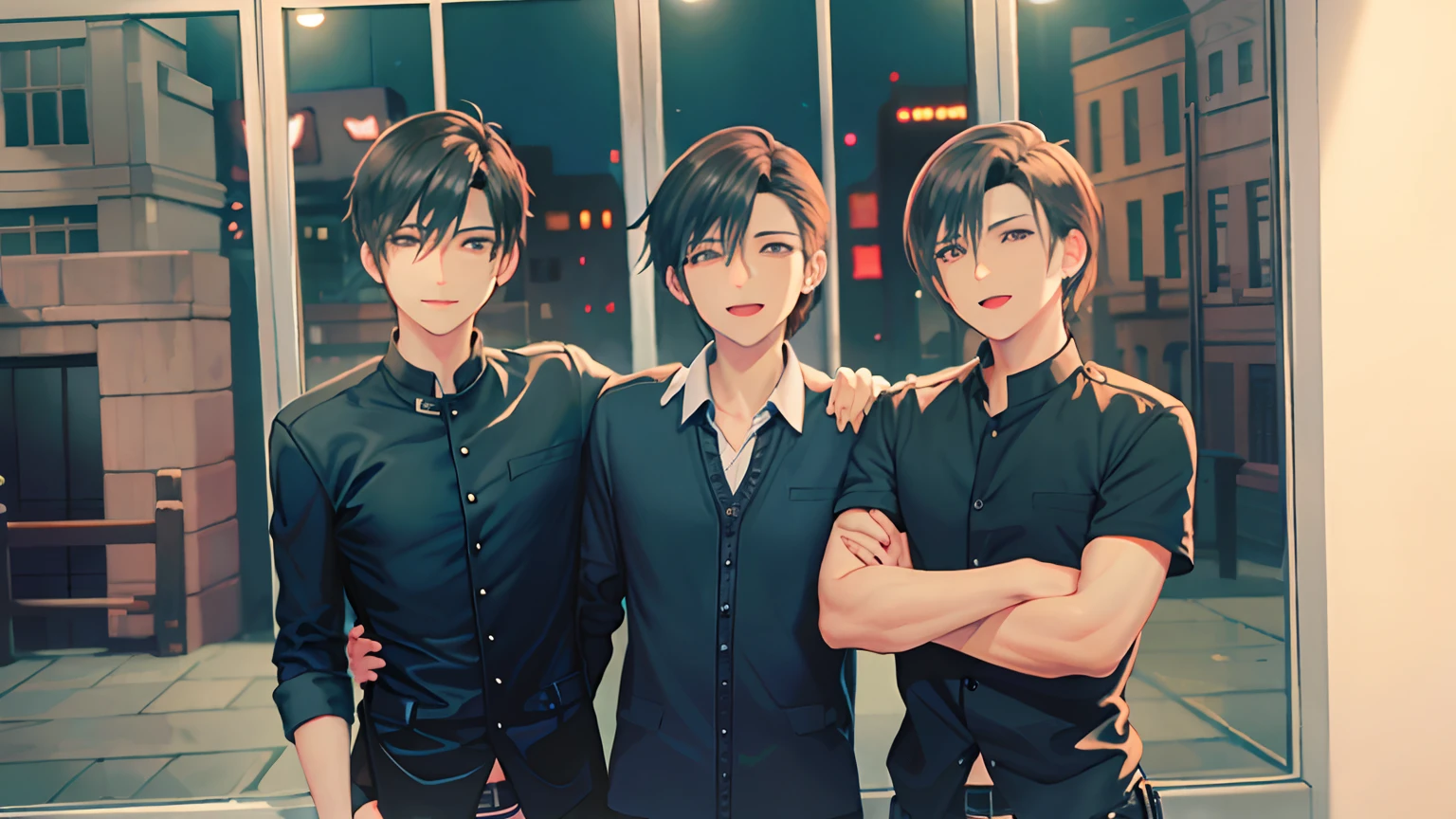 Three men dressed in black,Brothers hook up,The background is the city