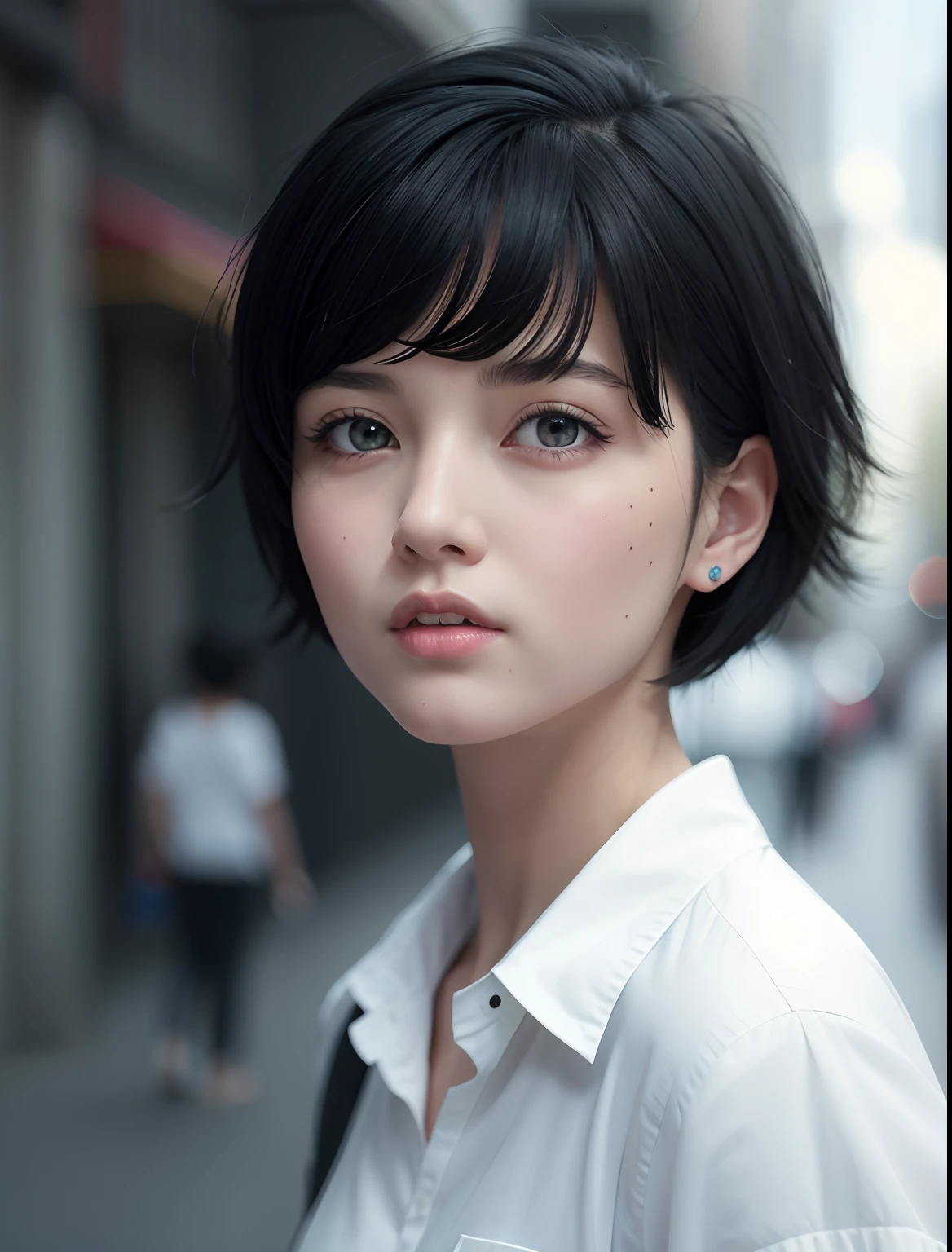 there is a woman with a black hair and blue eyes, hyper realistic anime, soft portrait shot 8 k, photorealistic anime, photorealistic anime girl render, stunning anime face portrait, anime girl in real life, realistic anime 3d style, realistic young anime girl, 3d anime realistic, 8k portrait render, anime realism style, realistic anime art style, p-pose standing.