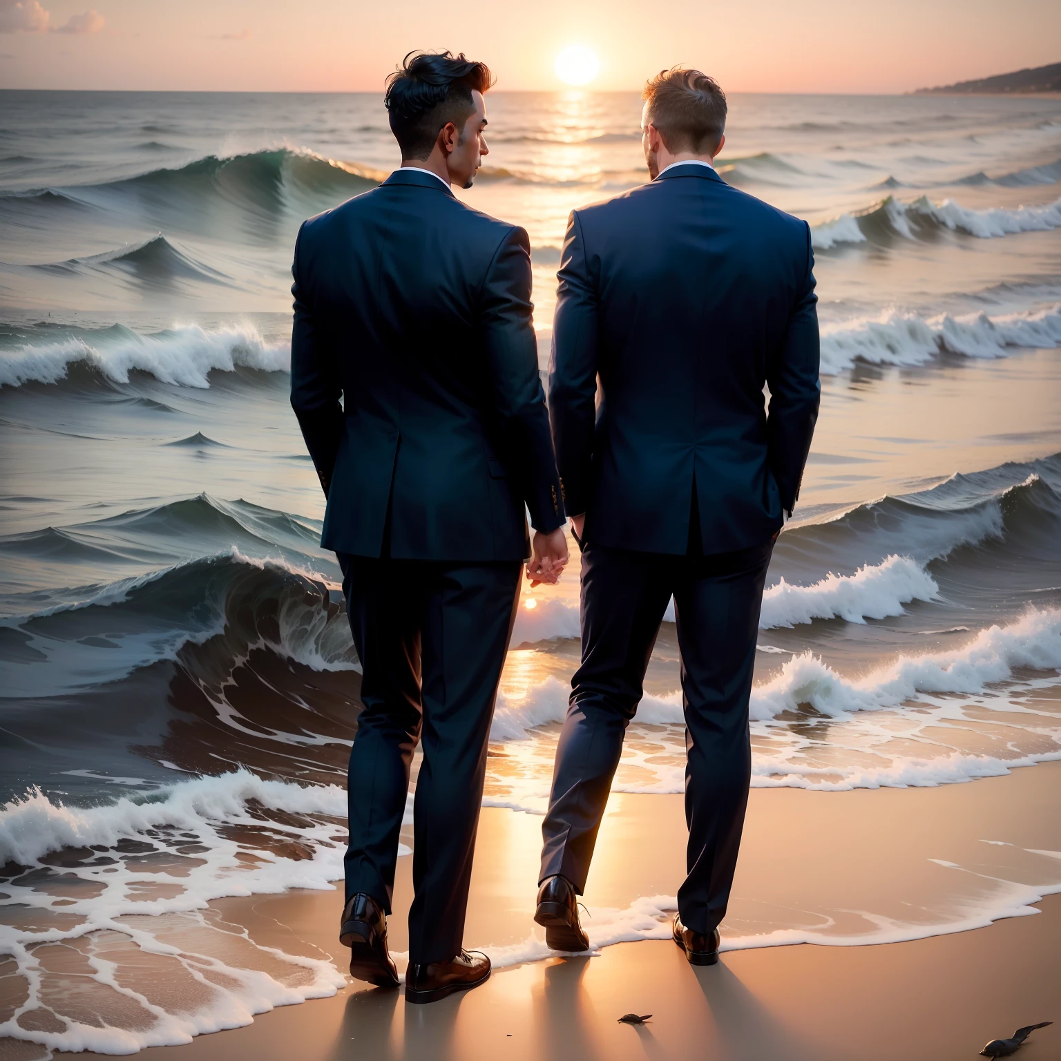an image with predominant colors navy blue and gold, a child and his father, the two on the coast, it is not possible to see the face, the father is in a suit, they look at the sea and the sunset, the two are on coast