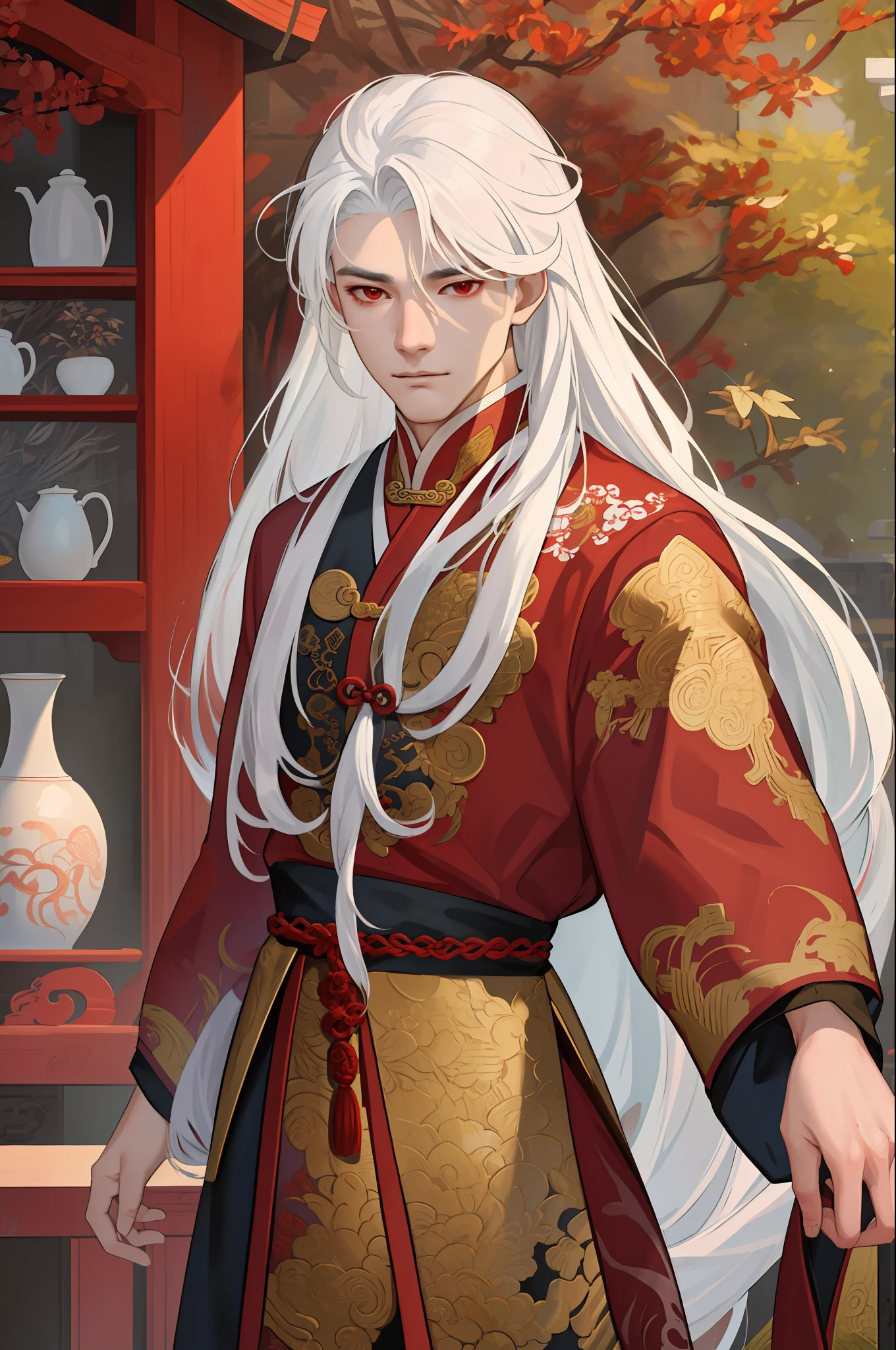 nsfw, masterpiece, best quality, ultra-detailed, semi-realistic, detailed facial features, 1boy, white hair, long hair, red eyes, wearing a detailed and intricate xianxia ancient clothes