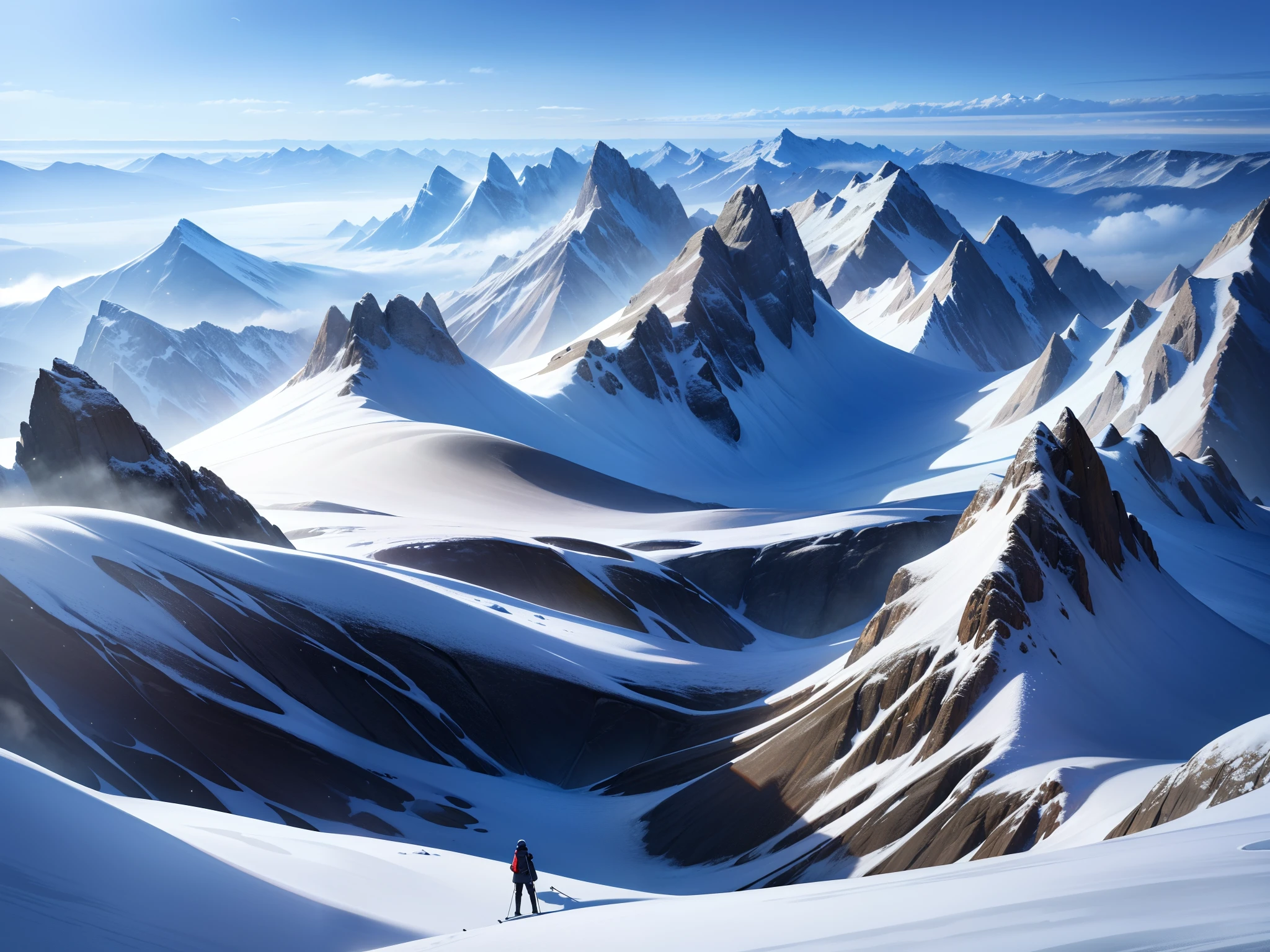 (4k wallpaper,tmasterpiece,Extremely detailed),(Ultra photo realsisim:1.3)snow mountains,ice field,(People from the ski resort),midday sunlight,Faraway view,(Extreme Nation:1.2)