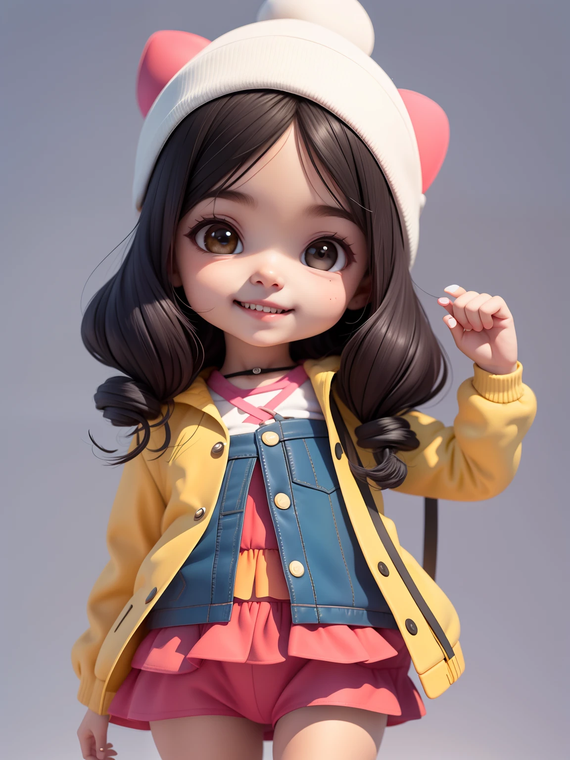 Baby loli menina, morena, loira, roupas de inverno, sorriso claro, corpo inteiro, cabelo moderno e preso, Modern accessories, tons terrosos, fundo simples.