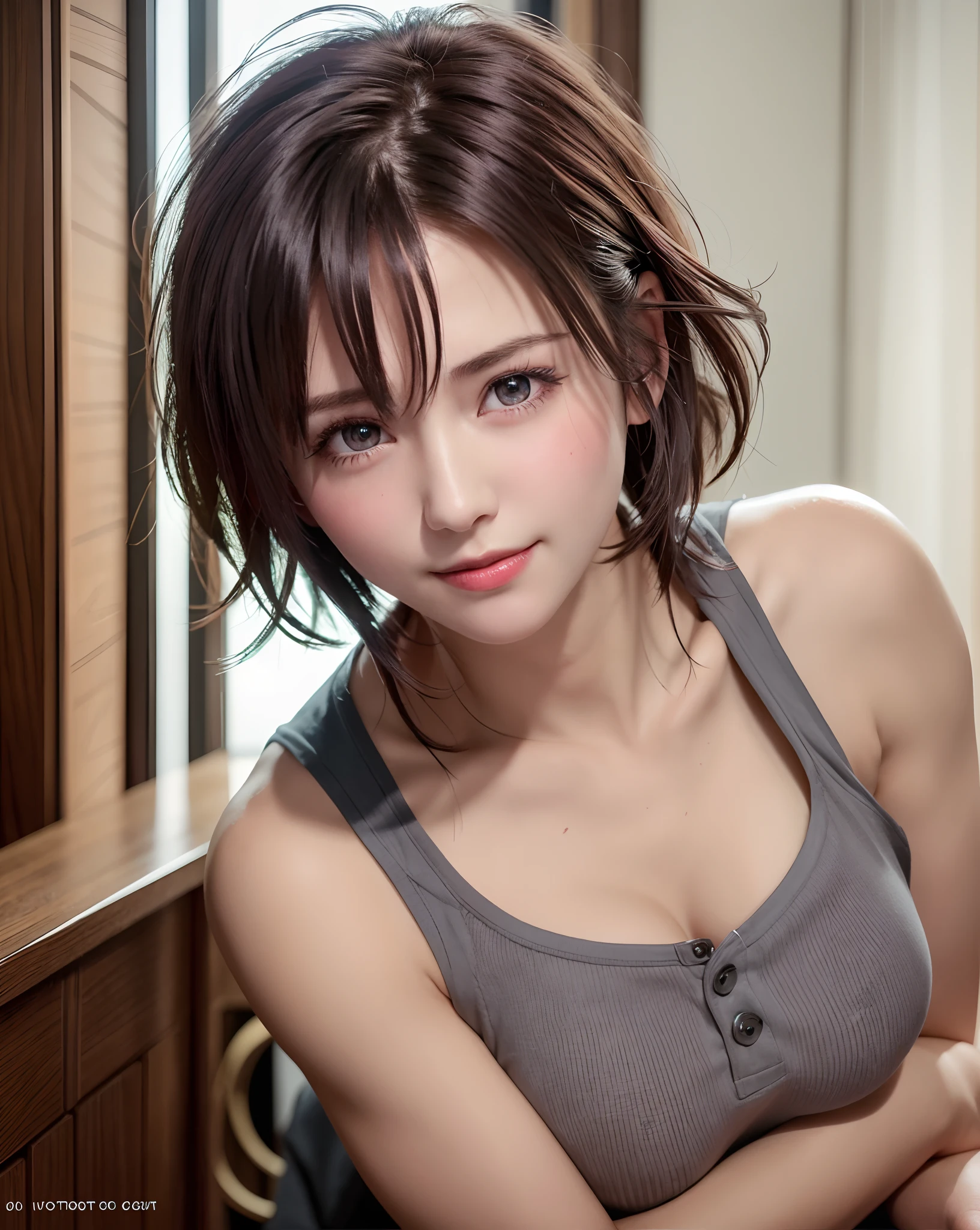 Best Quality, Ultra High Resolution, (Photorealistic: 1.4), Beautiful Eyes, Super Beautiful, Very Short Hair, Beautiful, Sweetheart, T-shirt with Rough Chest, Beautiful Soldier, Eyes That Invite Viewer, Lover's Perspective, Inviting Expression, Sexy Smile, Perfect Style, Perfect Balance, Detailed Skin, Naughty Gaze, Chest Visible