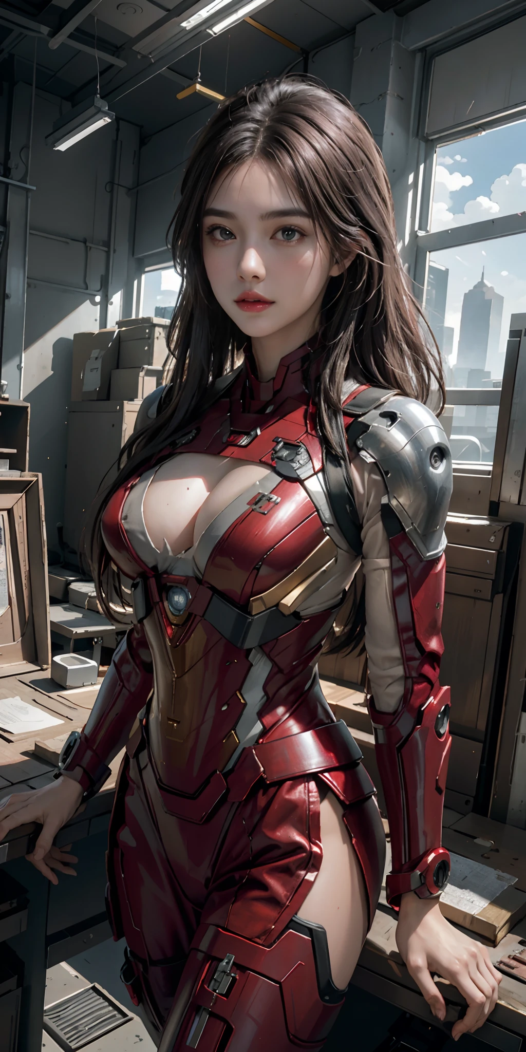 (1girl:1.3), solo,__body-parts__, official art, unity 8k wallpaper, ultra detailed, beautiful and aesthetic, beautiful, masterpiece, best quality, RAW, masterpiece, super fine photo,, best quality, super high Resolution, photorealistic, sunlight, full body portrait, stunningly beautiful,, dynamic pose, delicate face, vibrant eyes, (side view), she is wearing a futuristic Iron Man mech, red and gold, Highly detailed abandoned warehouse background, detailed face, detailed complex busy background, messy, gorgeous, milky, high detailed skin, realistic skin details, visible pores, sharp focus, volumetric fog, 8k uhd, dslr camera, High quality, film grain, fair skin, photorealism, lomography, sprawling metropolis in a futuristic dystopia, view from below, translucent