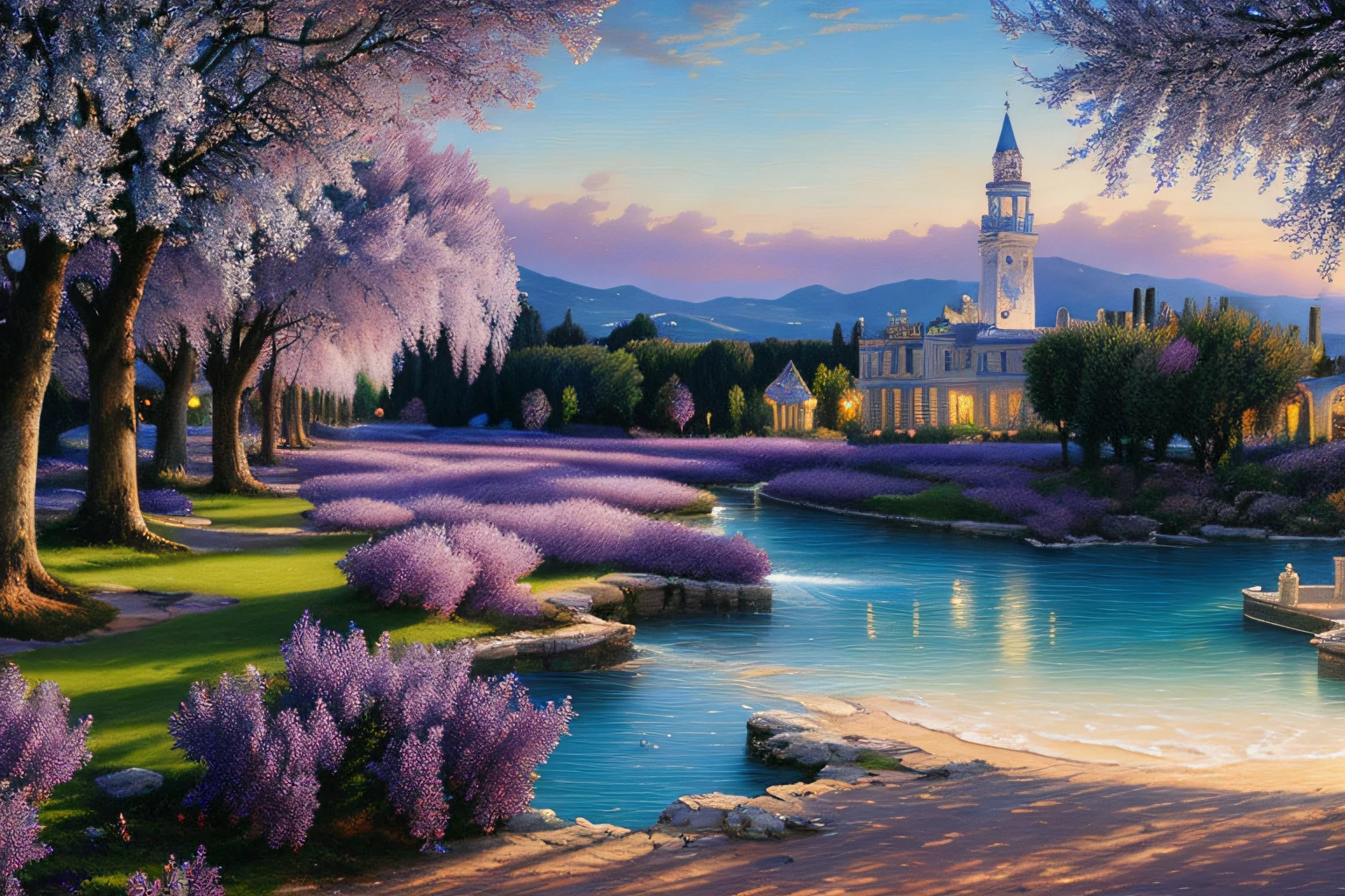 Paysage mer cristalline bleu profond,du lilas, Eau cristalline, ciel azur lumineux, ,(Highly detailed CG Unit 8k wallpaper), The most beautiful work of art in the world, Professional majestic oil painting, complexe, High detail, mise au point nette, dramatique, Art of photorealist painting, Alma Tadema