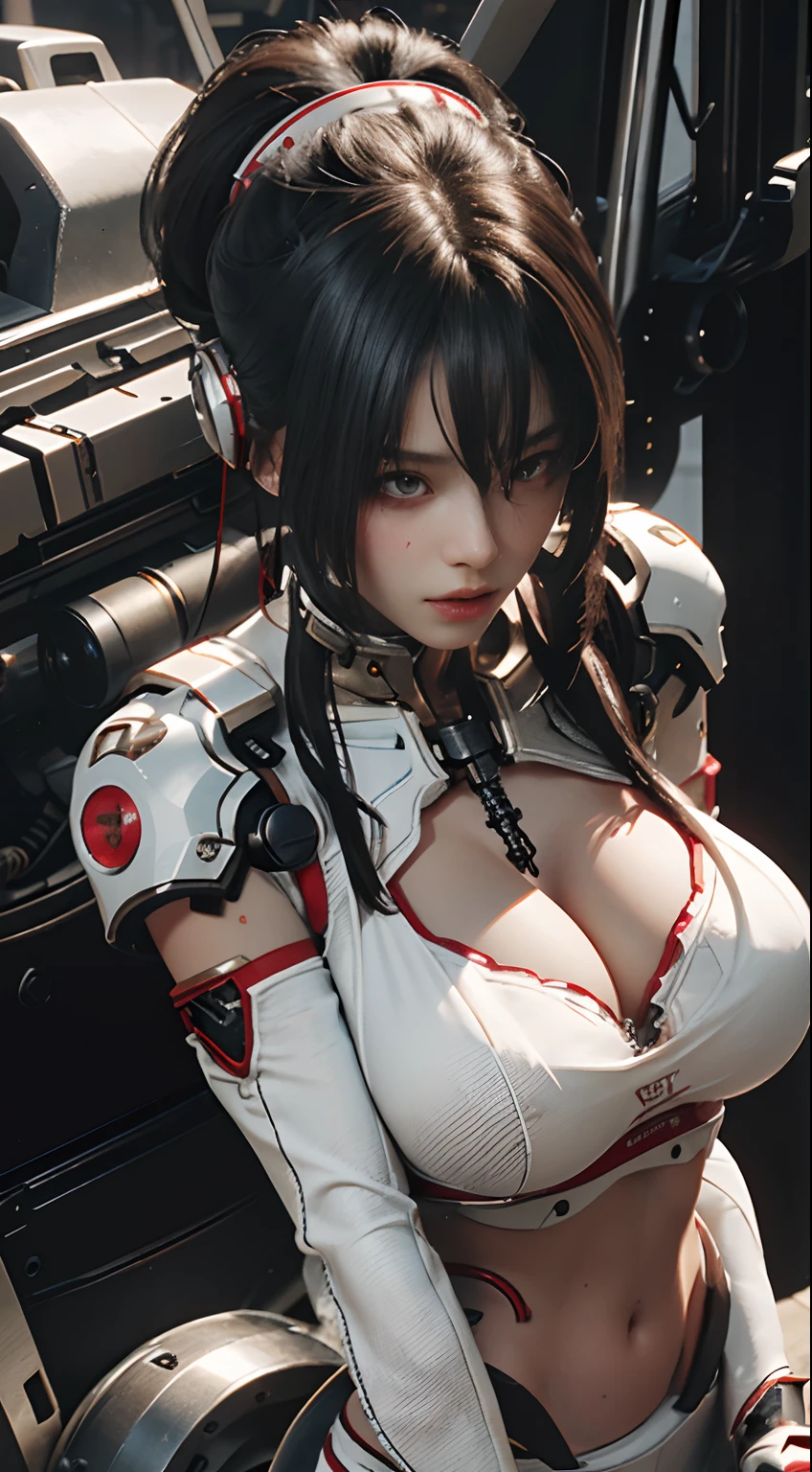 Highest quality, outstanding detail, super high resolution, (fidelity: 1.4), best illustration, favor details, close-up, a mecha girl with a delicate and beautiful face, ((red and white semi-mechanical body: 1.8)), (big breast: 1.2), sexy, belly button, cleavage, riding on a motorcycle, cyberpunk, futuristic, mechanical aesthetics, complex machinery, background is a high-tech lighting scene of the futuristic city, virtual engine 5, perfect detail rendering, octane rendering, ultra HD