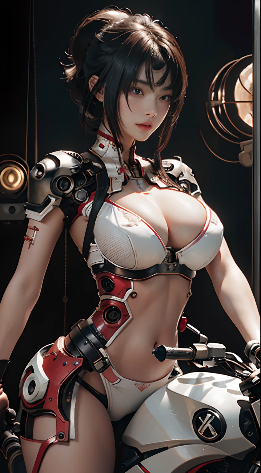 Highest quality, outstanding detail, super high resolution, (fidelity: 1.4), best illustration, favor details, close-up, a mecha girl with a delicate and beautiful face, ((red and white semi-mechanical body: 1.8)), (big breast: 1.2), sexy, belly button, cleavage, riding on a motorcycle, cyberpunk, futuristic, mechanical aesthetics, complex machinery, background is a high-tech lighting scene of the futuristic city, virtual engine 5, perfect detail rendering, octane rendering, ultra HD