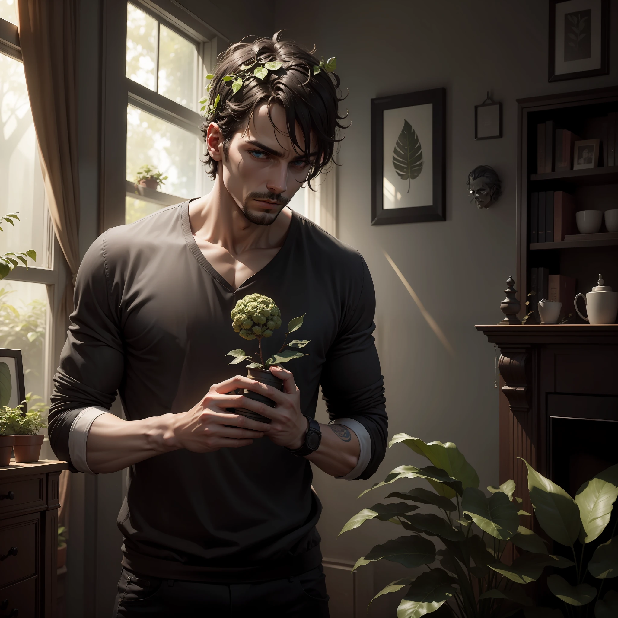 A addiction man at dark home decoration with a brain full of leaves and plants