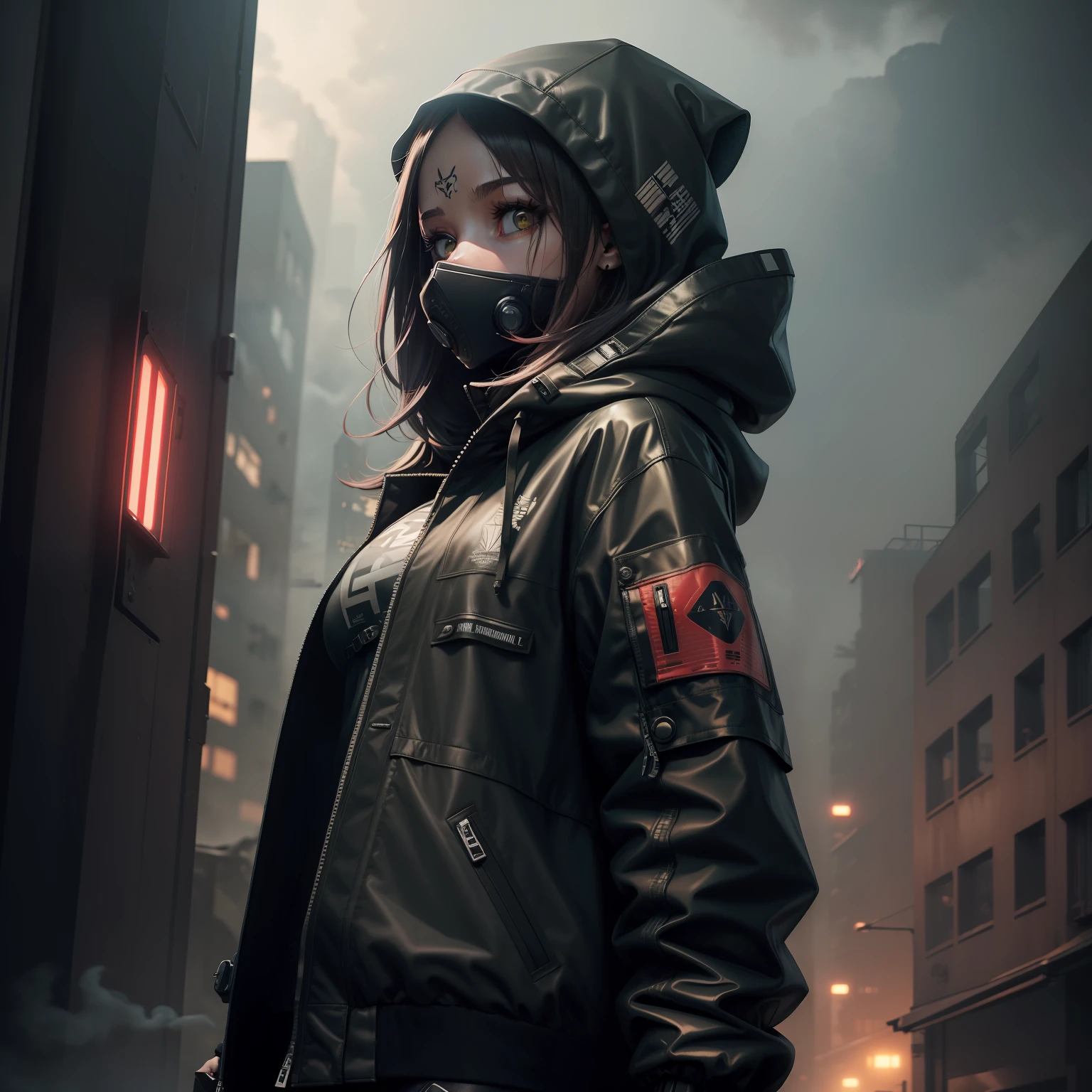 1Girl(techwear jacket,hood,neck tattoos and arm tattoos) in post-apocalypse world with a robot, ruined city, smoke, fog, lights