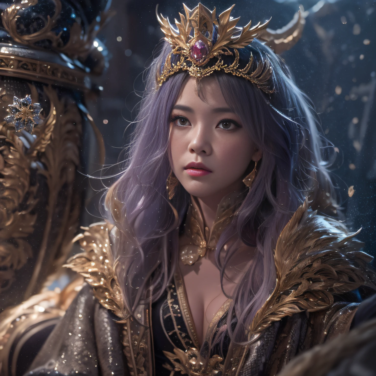 32K(tmasterpiece,k hd,hyper HD,16k)short detailed hair,Vintage train in the back room,Burgundian hair girl ,Two Golden Dragon Protectors (realisticlying:1.4),Python robe,Purple-pink tiara,Snowflakes fluttering,The background is pure, A high resolution, the detail, RAW photogr, Sharp Re, Nikon D850 Film Stock Photo by Jefferies Lee 4 Kodak Portra 400 Camera F1.6 shots, Rich colors, ultra-realistic vivid textures, Dramatic lighting, Unreal Engine Art Station Trend, cinestir 800,