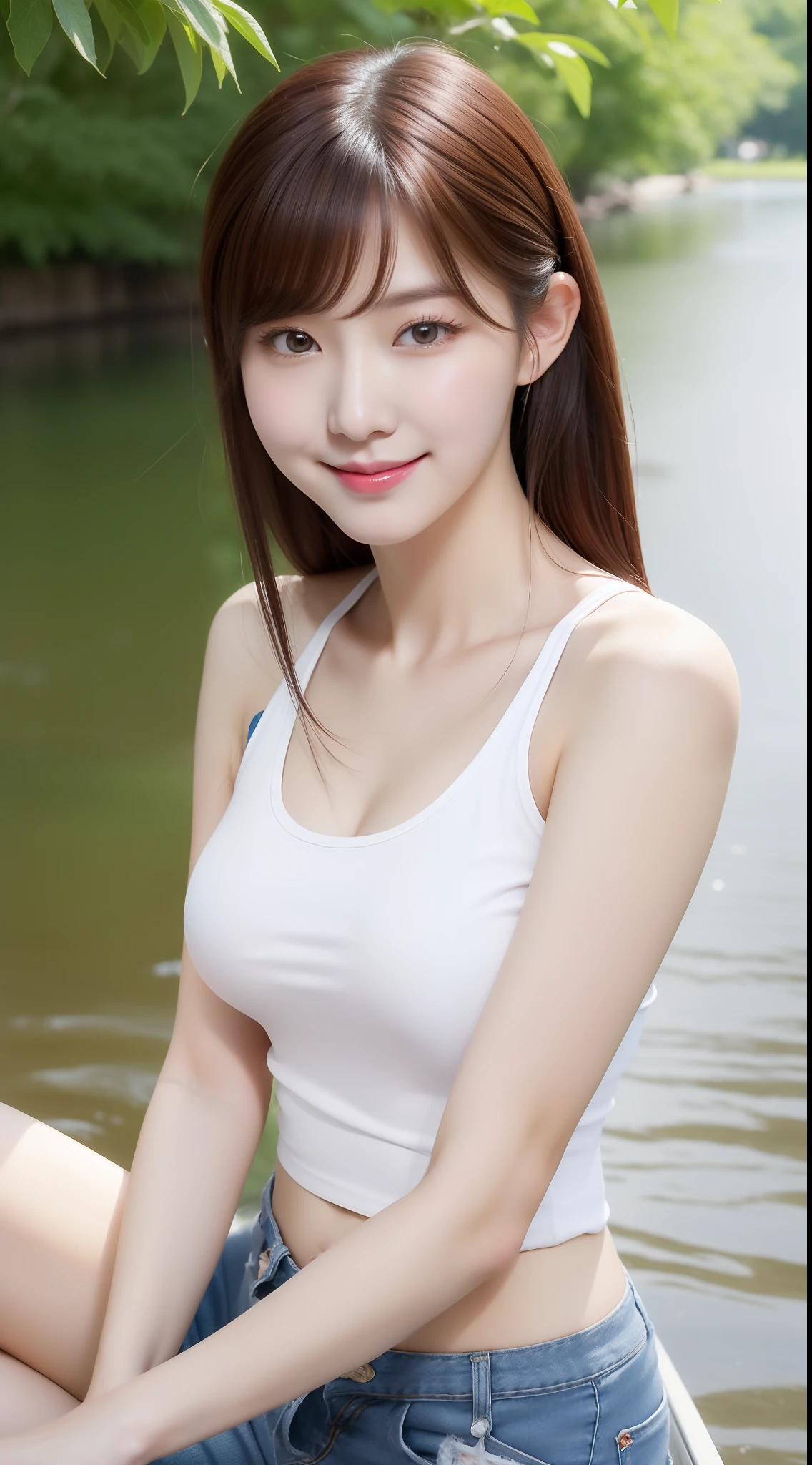 realistic photos of (1 cute Korean star) hair behind ears, white skin, thin makeup, 32 inch breasts size, slightly smile, wearing red pattern tank top, shorts jeans, sitting under the tree, river is near, upper body portrait, UHD