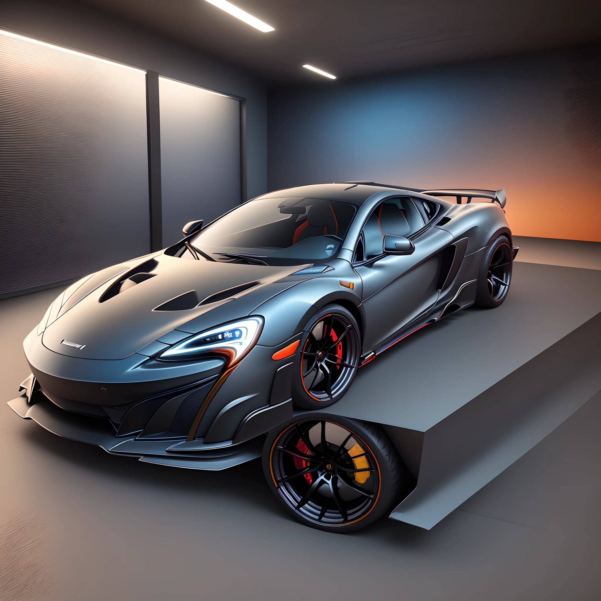 a matte dark silver McLaren 675LT car on a sunset black background, sunset background, black and matte dark elektric blue and matte dark lime green light, silver wheels, ctane 3d rendered, car concept art, car concept, 3d high octane render, gorgeous 3d render, glass and metal: peugot onyx, rolands zilvinskis 3d render art, octane ray tracing