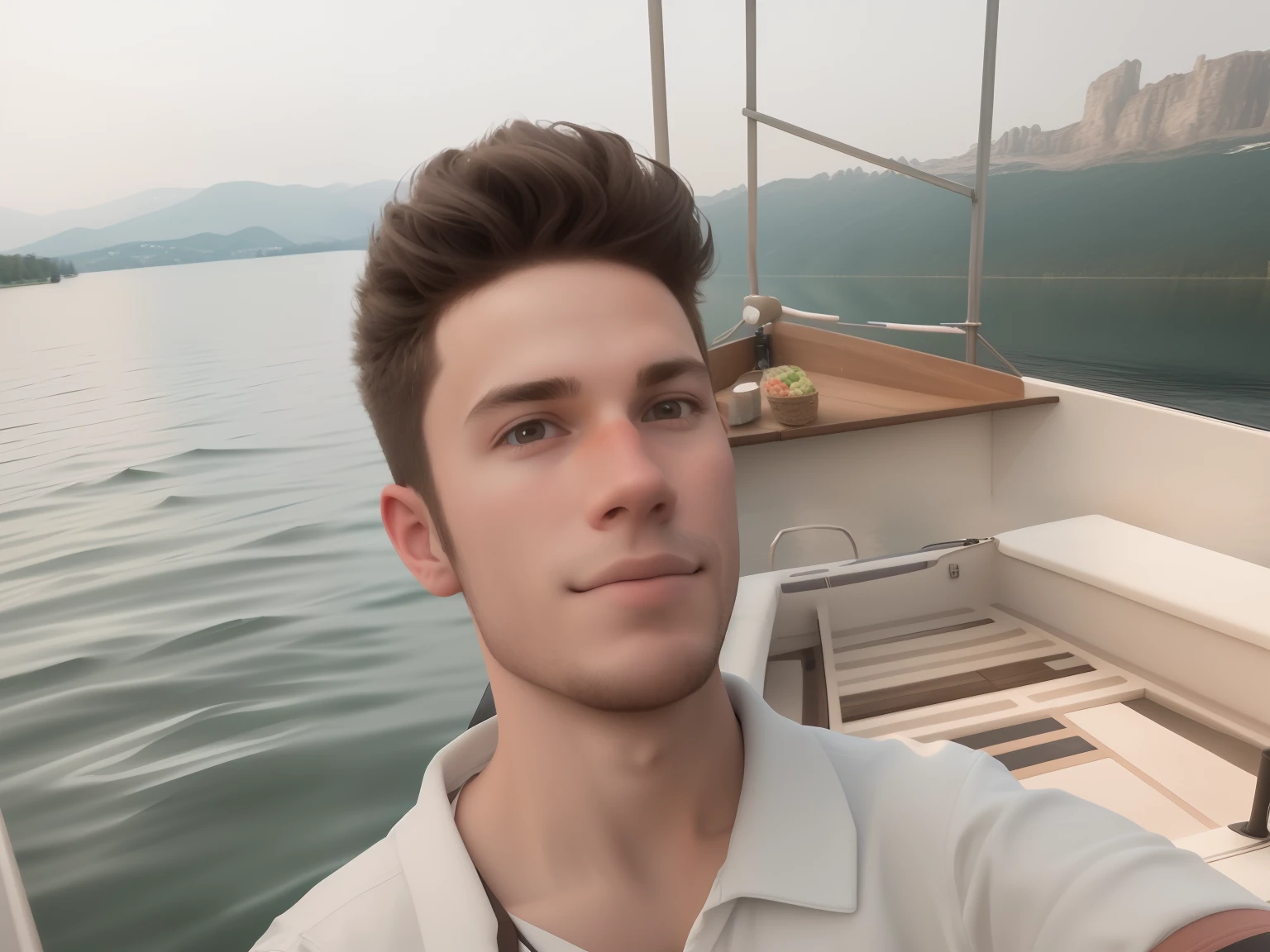 there is a man taking a selfie on a boat in the water, on a boat on a lake, in lake, on a boat, with accurate face, in a lake, selfie photo, around 1 9 , 8k selfie photograph, on a lake, candid picture, selfie shot straight on angle, lake in the background, very accurate photo