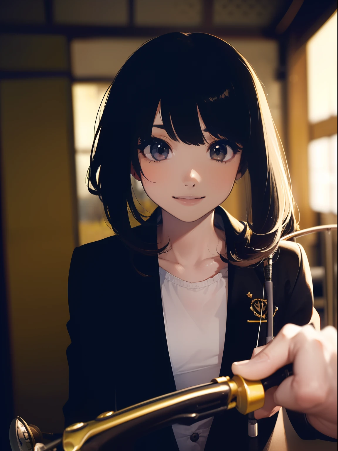 ((((Having a fishing rod with a reel by the lakeside)))),((Best Quality, masutepiece :1.3)),((( Large Mouth Bass))),hight resolution,ultra-detailliert,Beauty and aesthetics,​masterpiece,best qualtiy,(1 Japanese woman),Black hair, long eyeslashes, Solid Circle Eyes, smile, drop shadow, Atmospheric perspective,Super Detail, ccurate, small brest,(Black jacket :1.1),top-quality, absurderes:1.2, blurry backround, bokeh dof:1.2, a picture, (​masterpiece:1.3), (intricate detailes:1.2), Atmospheric perspective,Super Detail, ccurate,