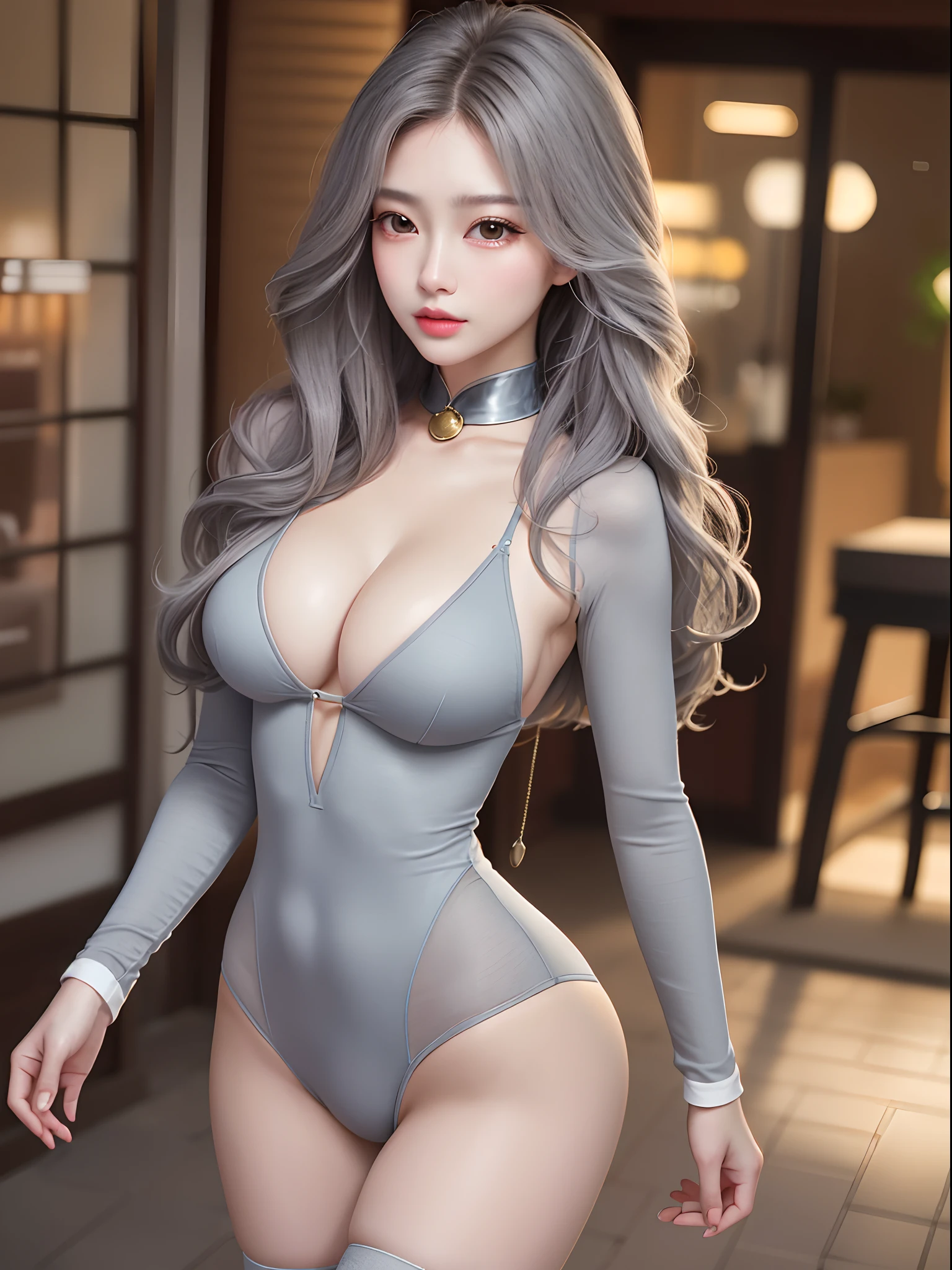 extremely detailed CG unity 8k wallpaper,(masterpiece),(best quality),(ultra detailed),(ultra realistic),(Best character details:1.36),nikon d750 f/1.4 55mm,dynamic angle,professional lighting, photon mapping, radiosity, physically-based rendering, outdoors,busy street,looking at viewer,blush, 1girl,mature female,milf,tall body,golden proportions,(Kpop idol),(shiny skin:1.2),(oil skin:1.1),makeup,[:(high detailed face:1.2):0.2]:,PureErosFace_v1, ((wavy gray hair and a sophisticated sense of style)),(aegyo sal:1),(puffy eyes),(eyelashes:1.1),(parted lips:1.1),red lipstick,wide shoulders,(medium breasts:1.1),(cleavage:1.1),animal ears,(big ass:1.2),thighhighs, silk coat, song, song Dynasty, song clothing