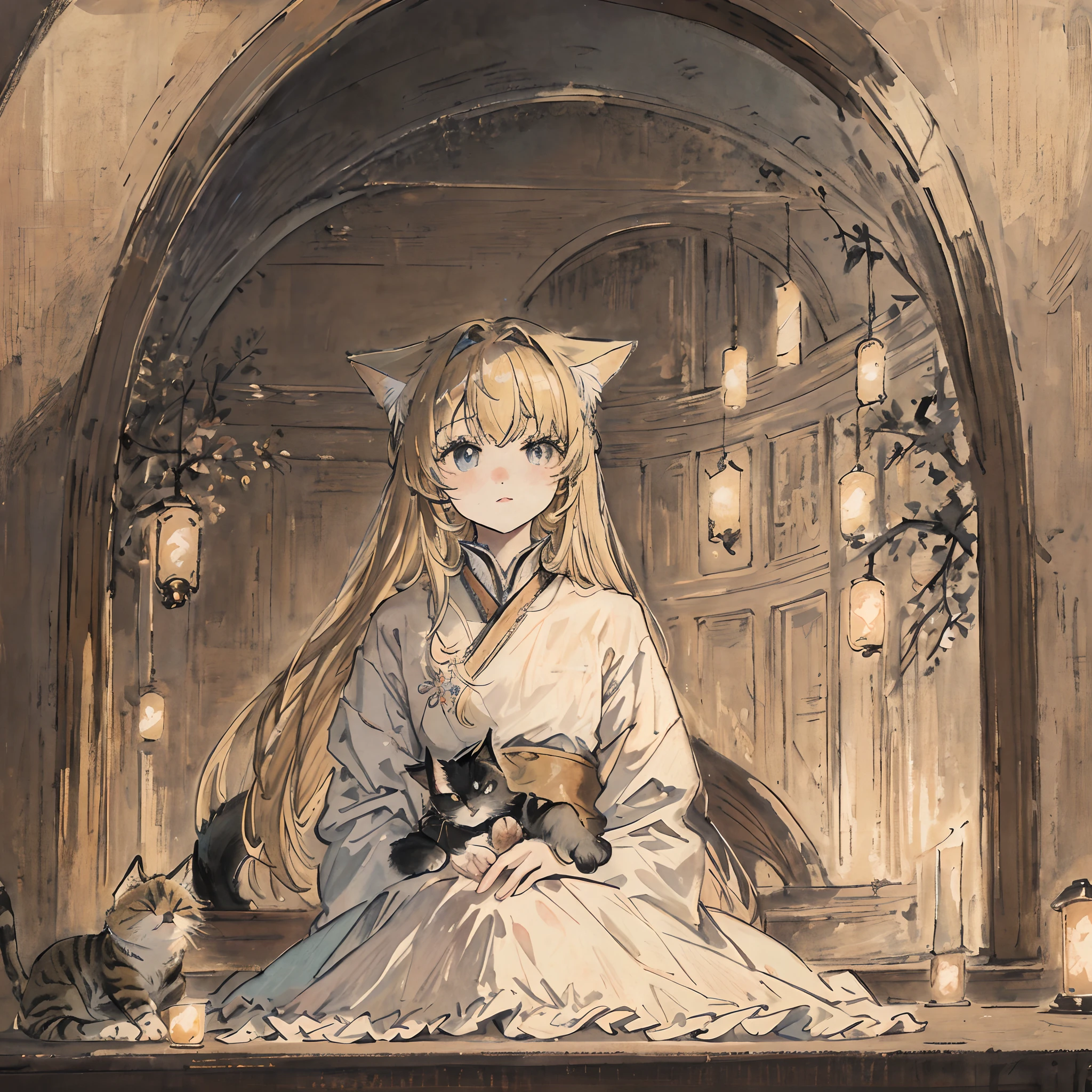Accompanied by a cat(Cute cat1、2)((masterpiece、top-quality、Very delicate and beautiful girl、extremely delicate and beautiful、world masterpiece theater1、2)、Ultra-fine、top-quality、a blond、Hi-Res、Very elaborate、girl with、top-quality、illustratio、The viewer watching、Impasto、canvas、an oil painting、realism、realisitic