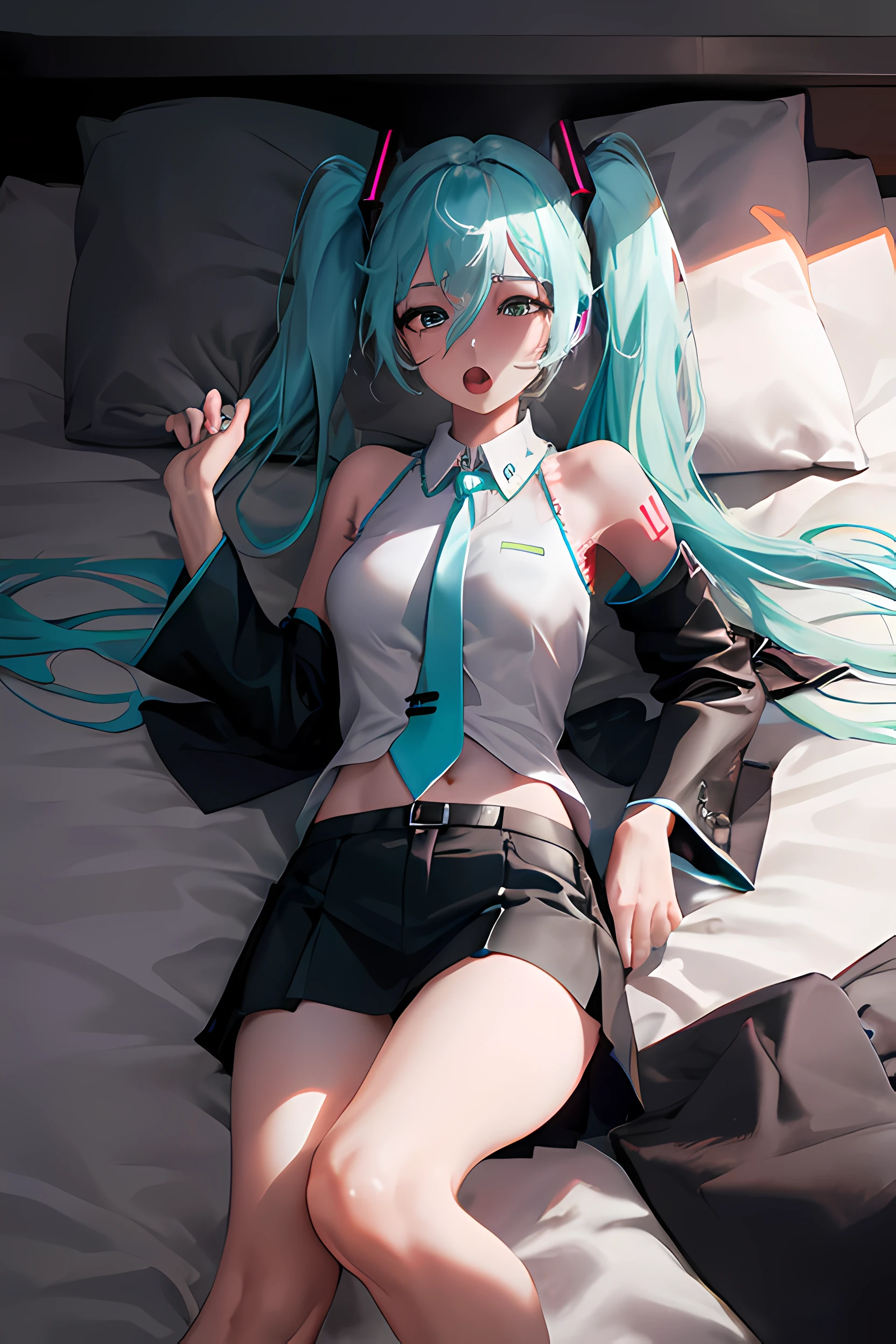 best_quality, realidad, hd 4k, ahegao, hatsune miku, sexy, camisa gris, corbata azul, falda negra, medias negras, muslos grandes, acostada en la cama, sexy pose, misionero, piernas abiertas, Pose-cama , Noche, oscuro