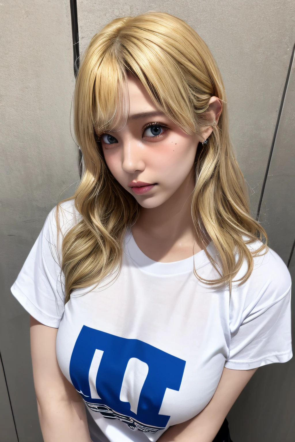 (1girl),large breasts, breasts, tan, dewy skin, sweaty skin, wavy blonde hair, punk tshirt, punk girl