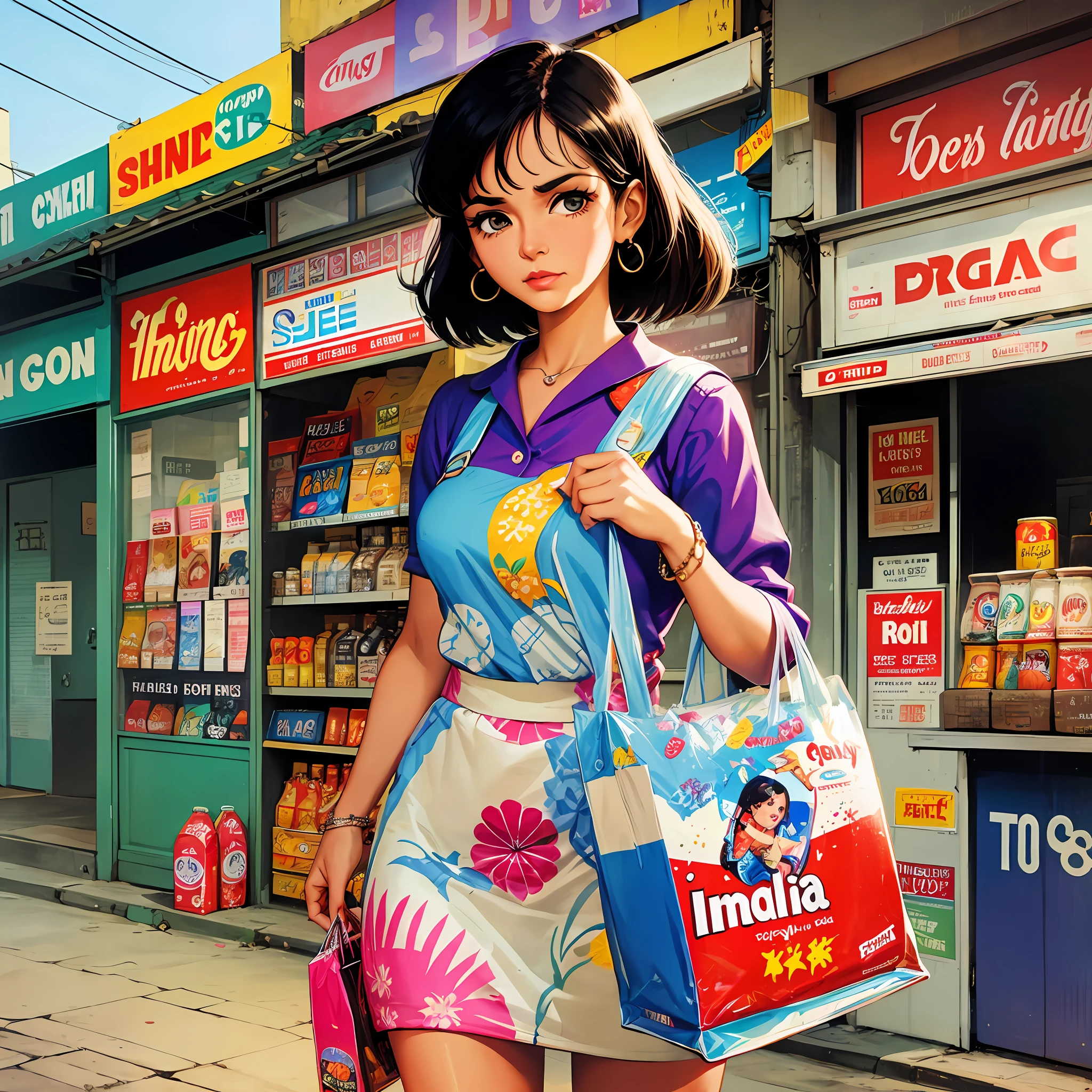 Woman holding a bag of soft drinks, Indian Road, 60's, pop art