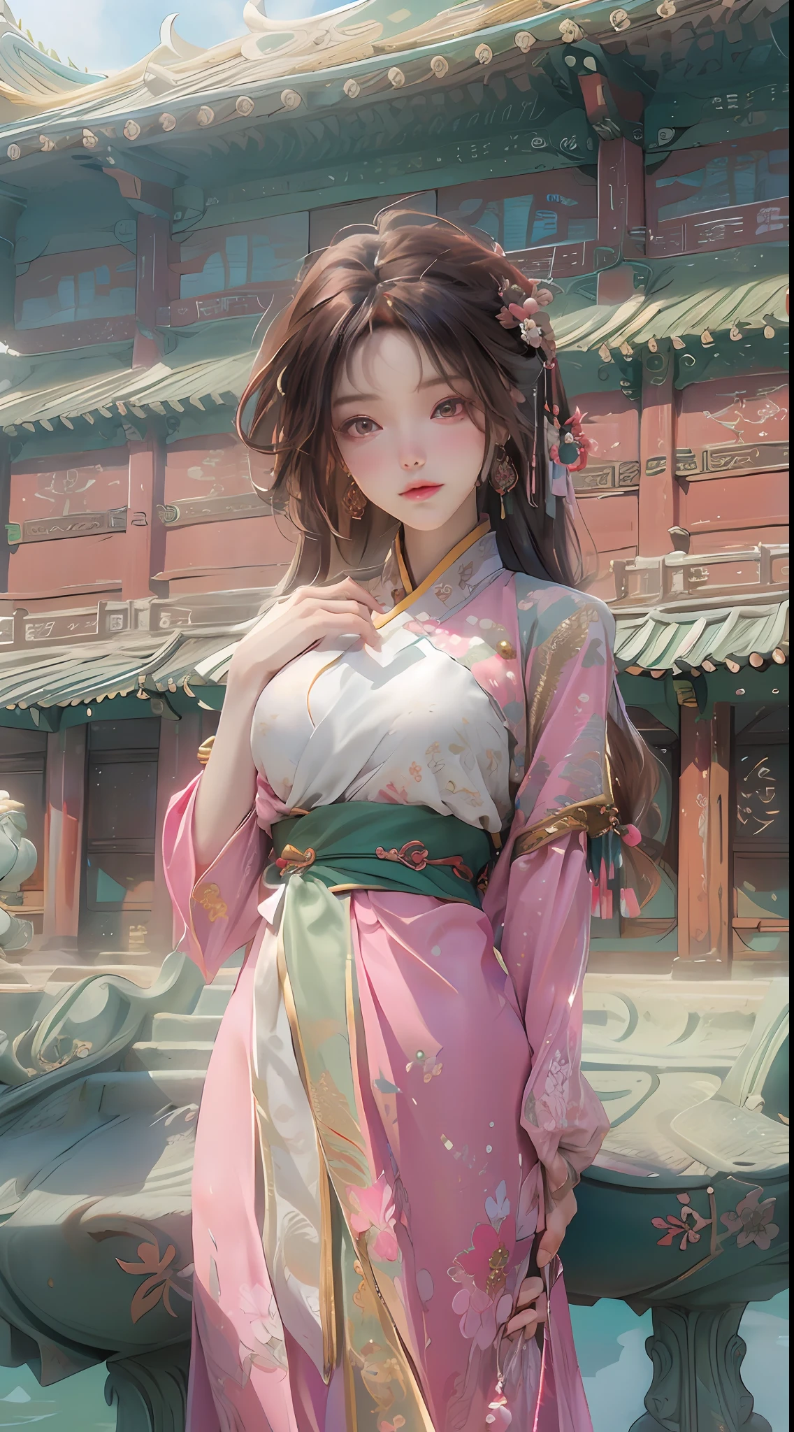 (Best Quality: 1.3, Masterpiece: 1.3), Ultra HD, (1girl, solo), atmospheric perspective, fine face, upper body, makeup, pink lips, cleft lips, shiny skin, (brown hair), extra long hair, looking in front of the audience, red eyes, earrings, small breasts, slim figure, (white silk), (((East Asian architecture, riverside, beautiful background))), perfect lighting, (frontal lighting), physical base rendering,