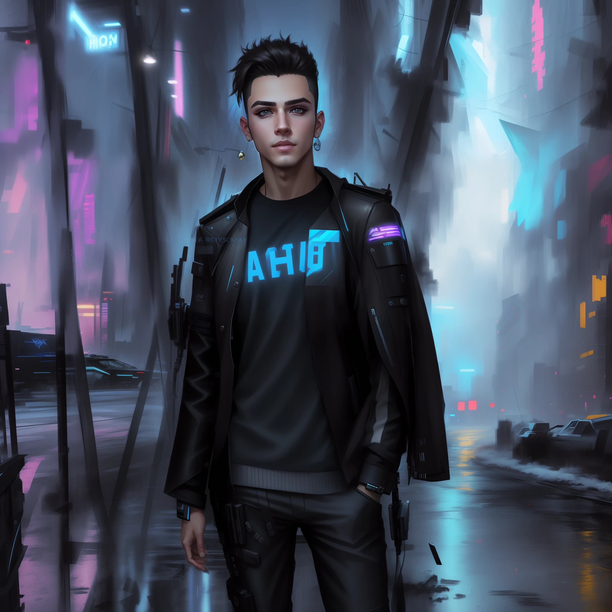 Change background cyberpunk handsome boy, realistic face, 8k, ultra realistic